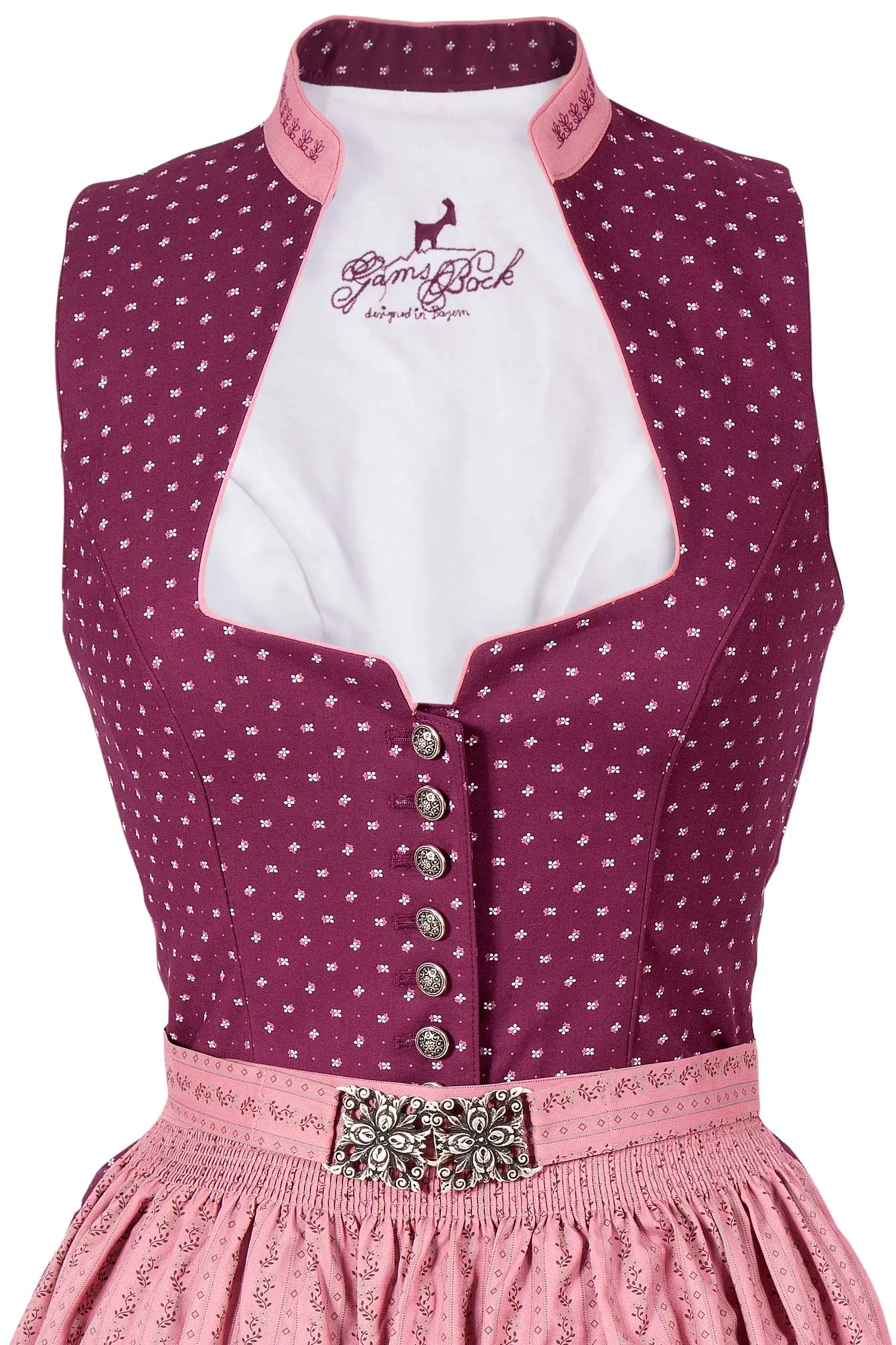 Midi Dirndl Iris in bordeaux und altrosa mit Stehkragen Mieder