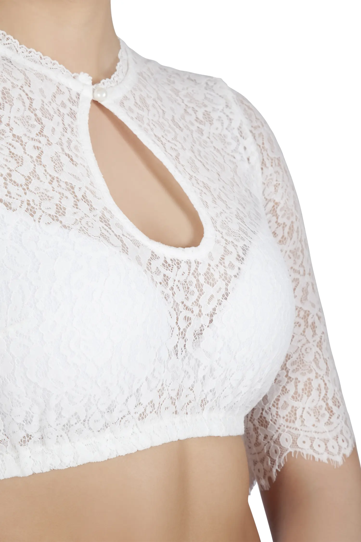 Dirndlbluse Gabriela-Anna in off white mit O-Ausschnitt - Detail Ausschnitt