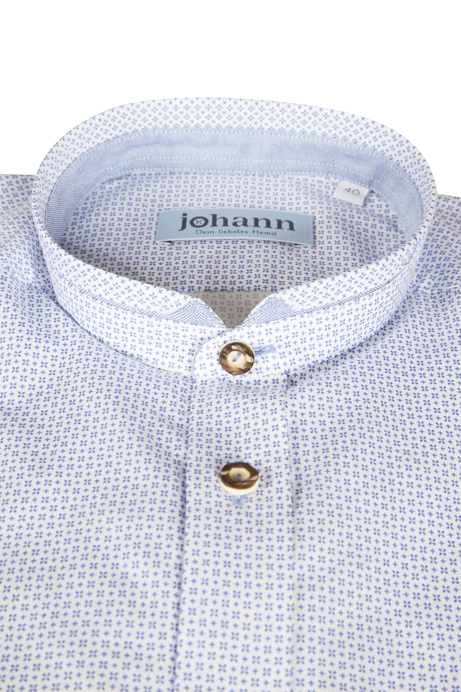 Trachtenhemd in weiß mit Muster in blau - Detail Kragen