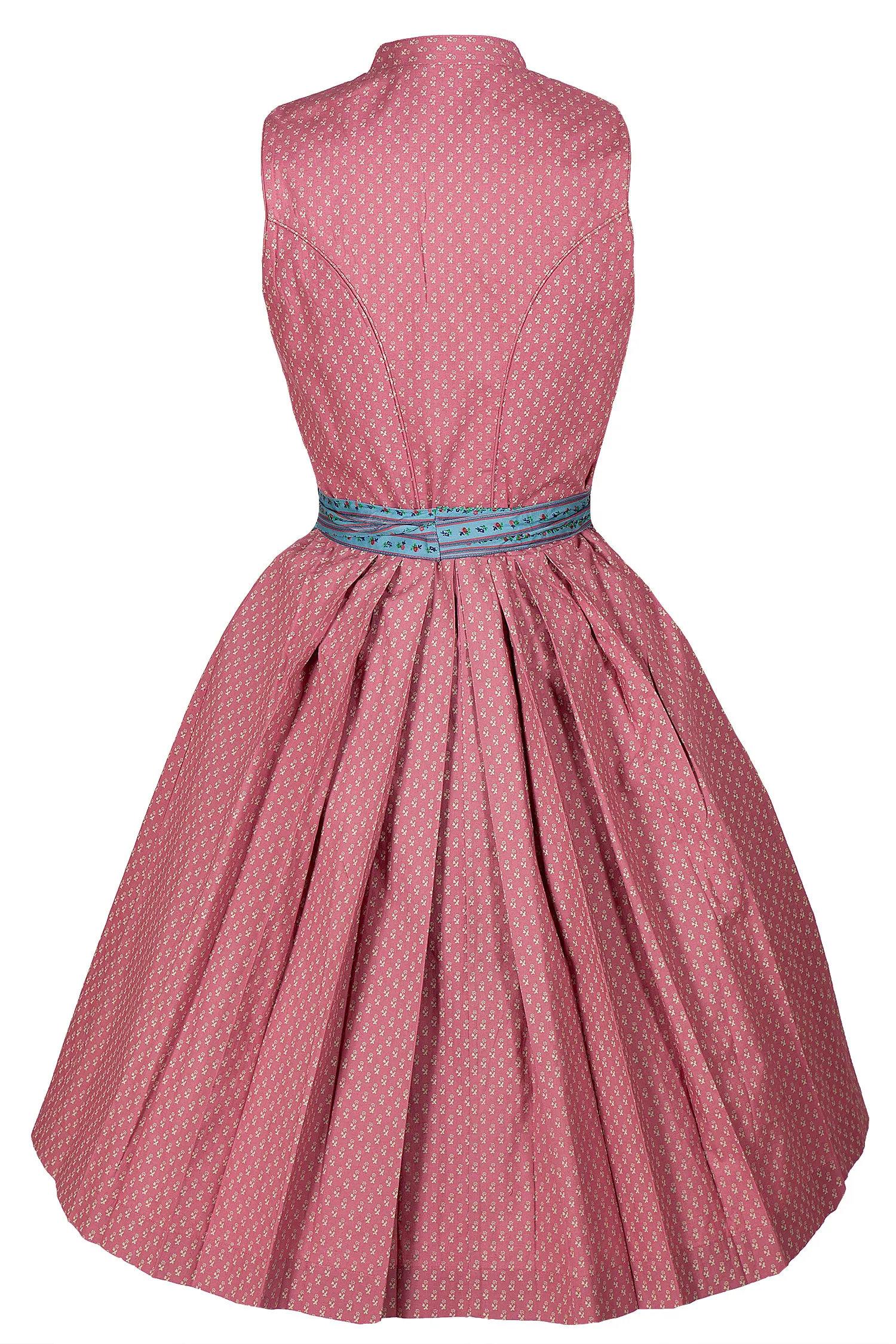 3081-0120-RO7-23-03c-4212d Hochgeschlossenes Dirndl in altrosa und blau - Rückansicht