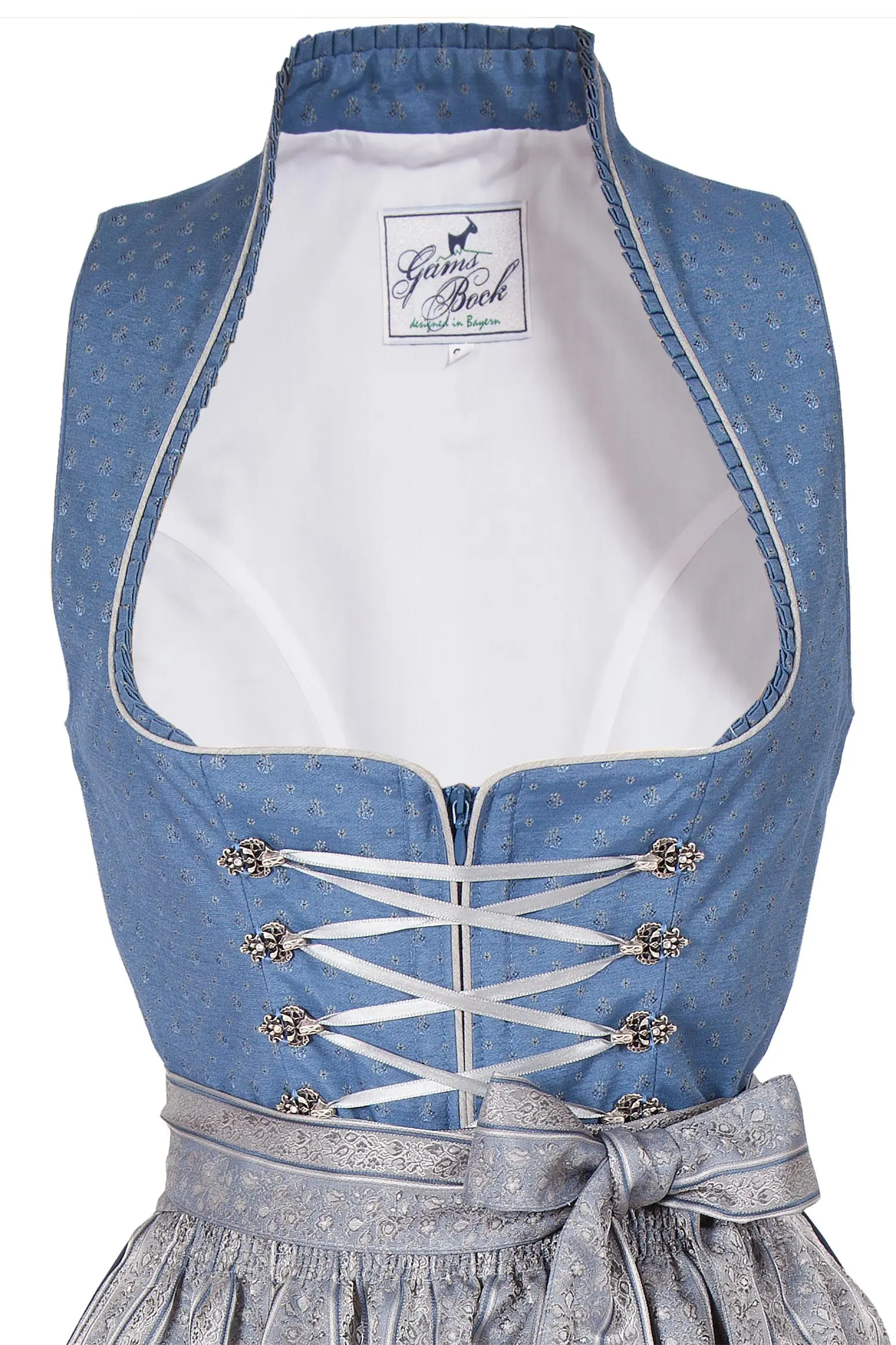 Langes Dirndl Tessa in blau und silber Mieder