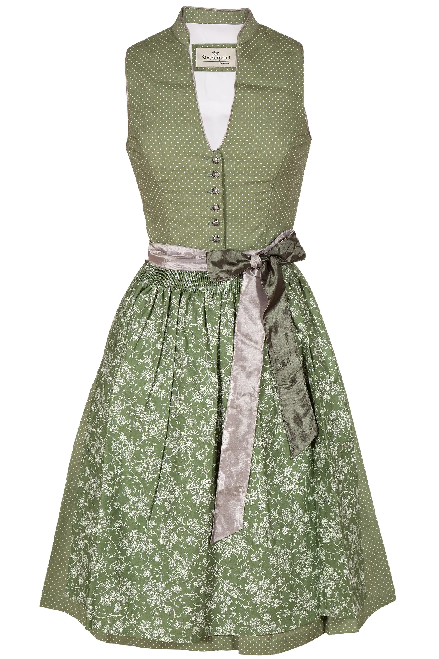 Midi Dirndl in blassgrün weiß gepunktet hochgeschlossen 