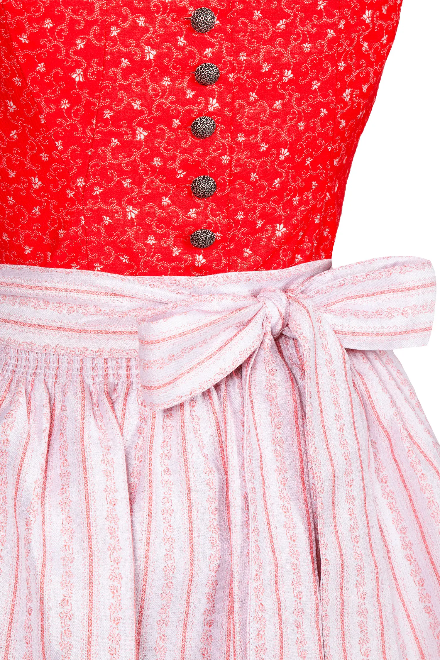 limitiertes Dirndl in rot mit traditioneller Schürze - Detail Mieder