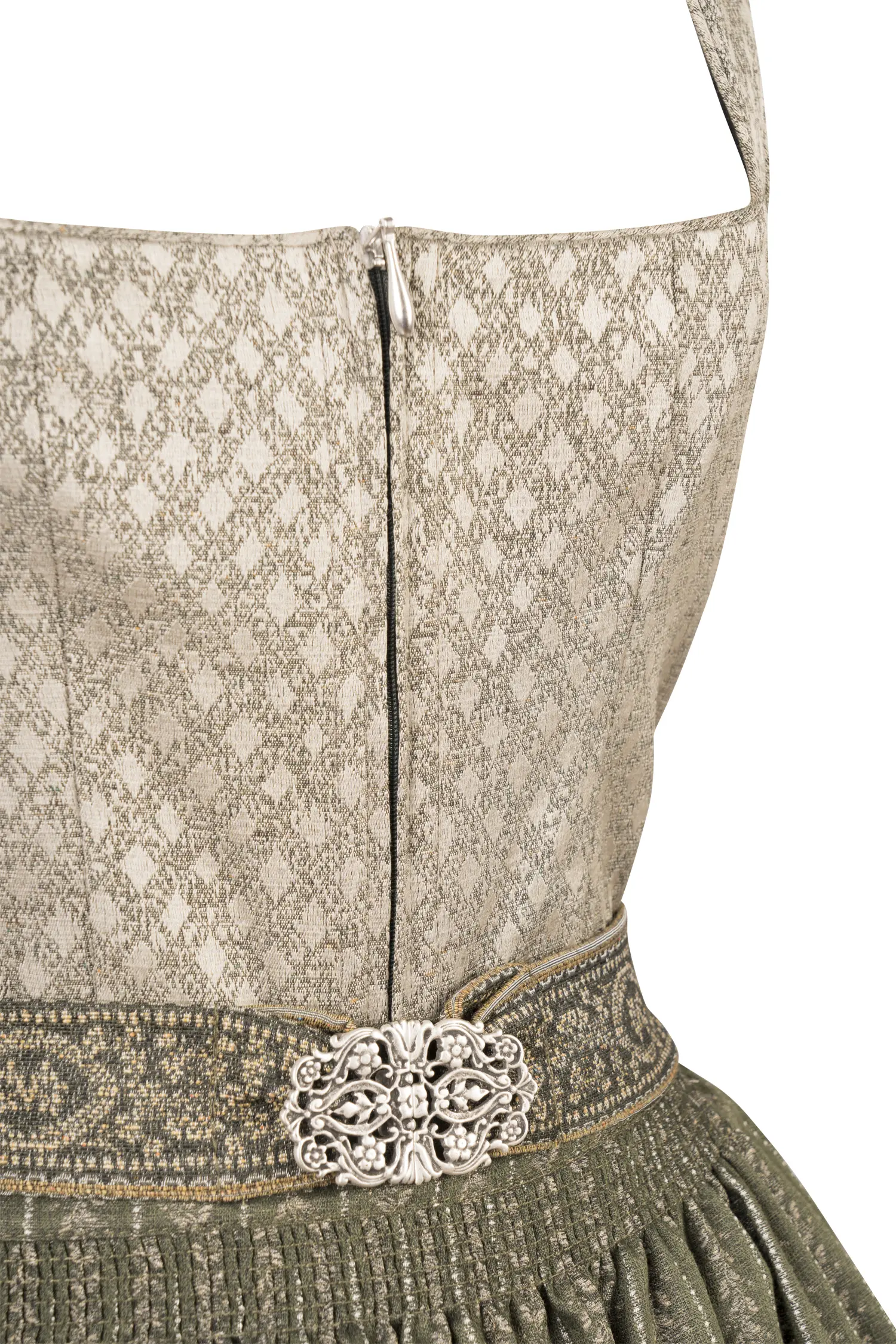 Dirndl Ilse in taupe / grün mit Schließe - Detail Mieder