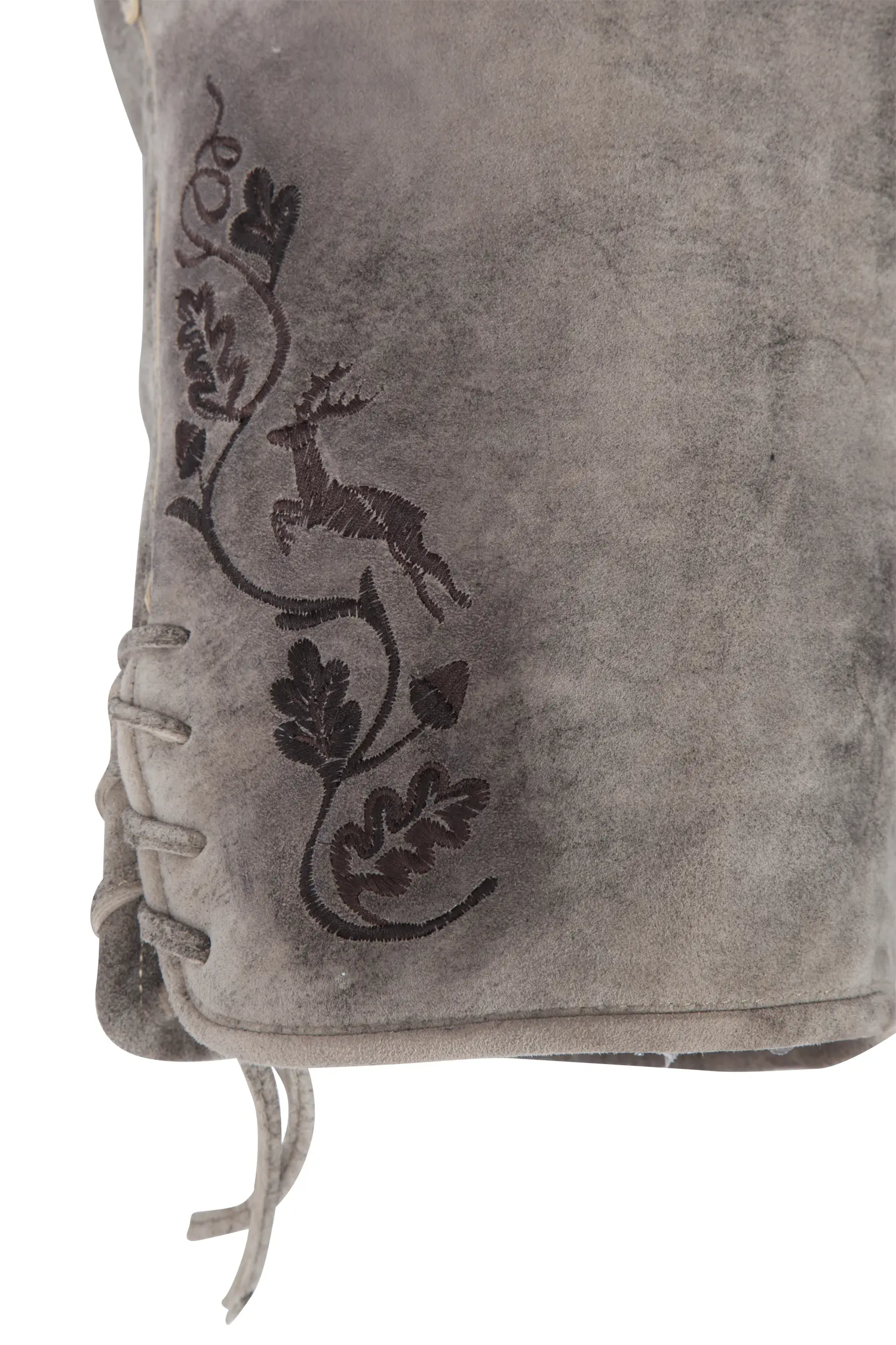 1613-1077-2br-23-07b-1201 Kurze Lederhose Billfried in grau mit brauner Stickerei - Detail Bein