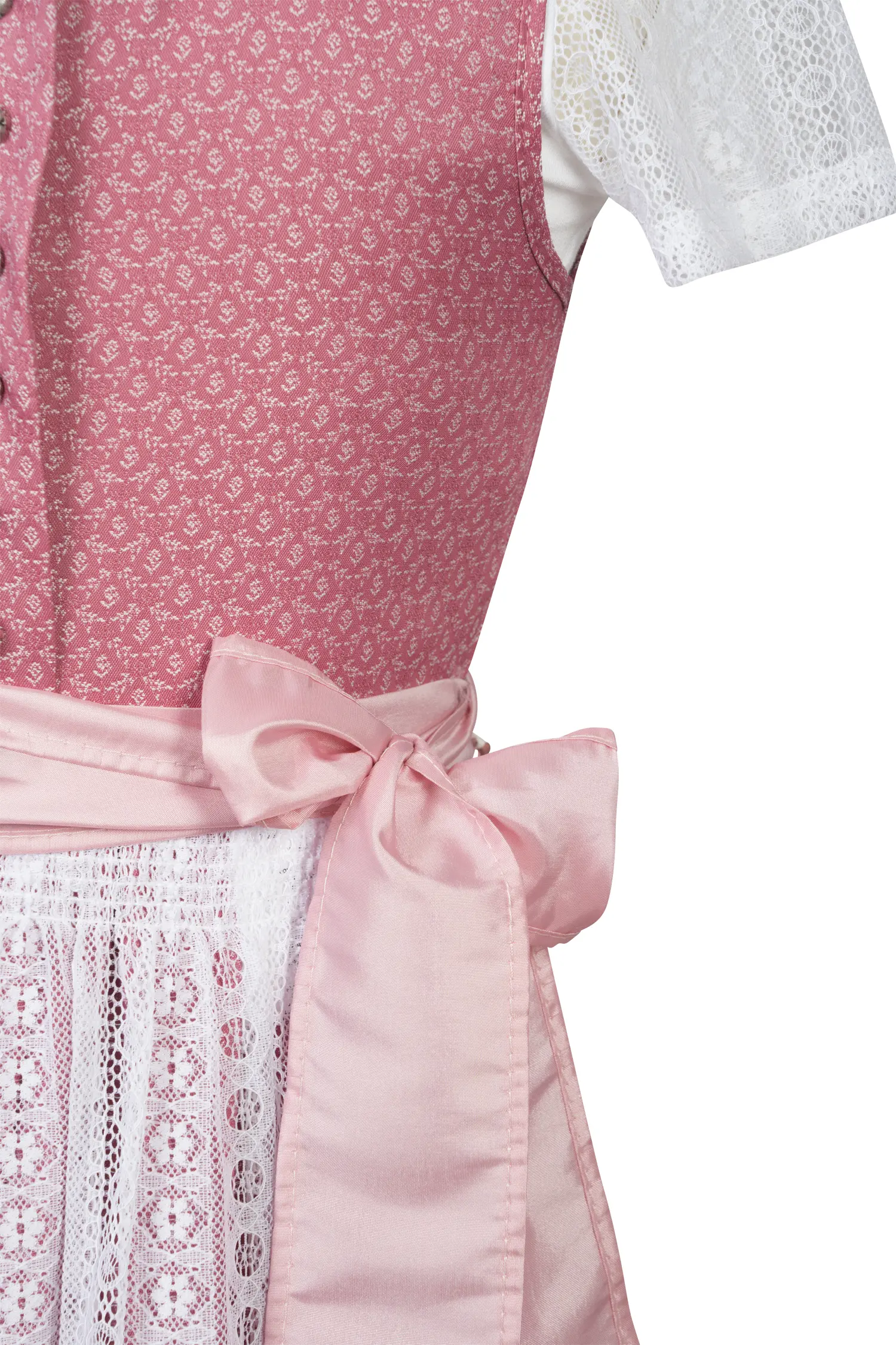Kinderdirndl Anna in rosa mit Shirt und Spitzenschürze - Detail Mieder