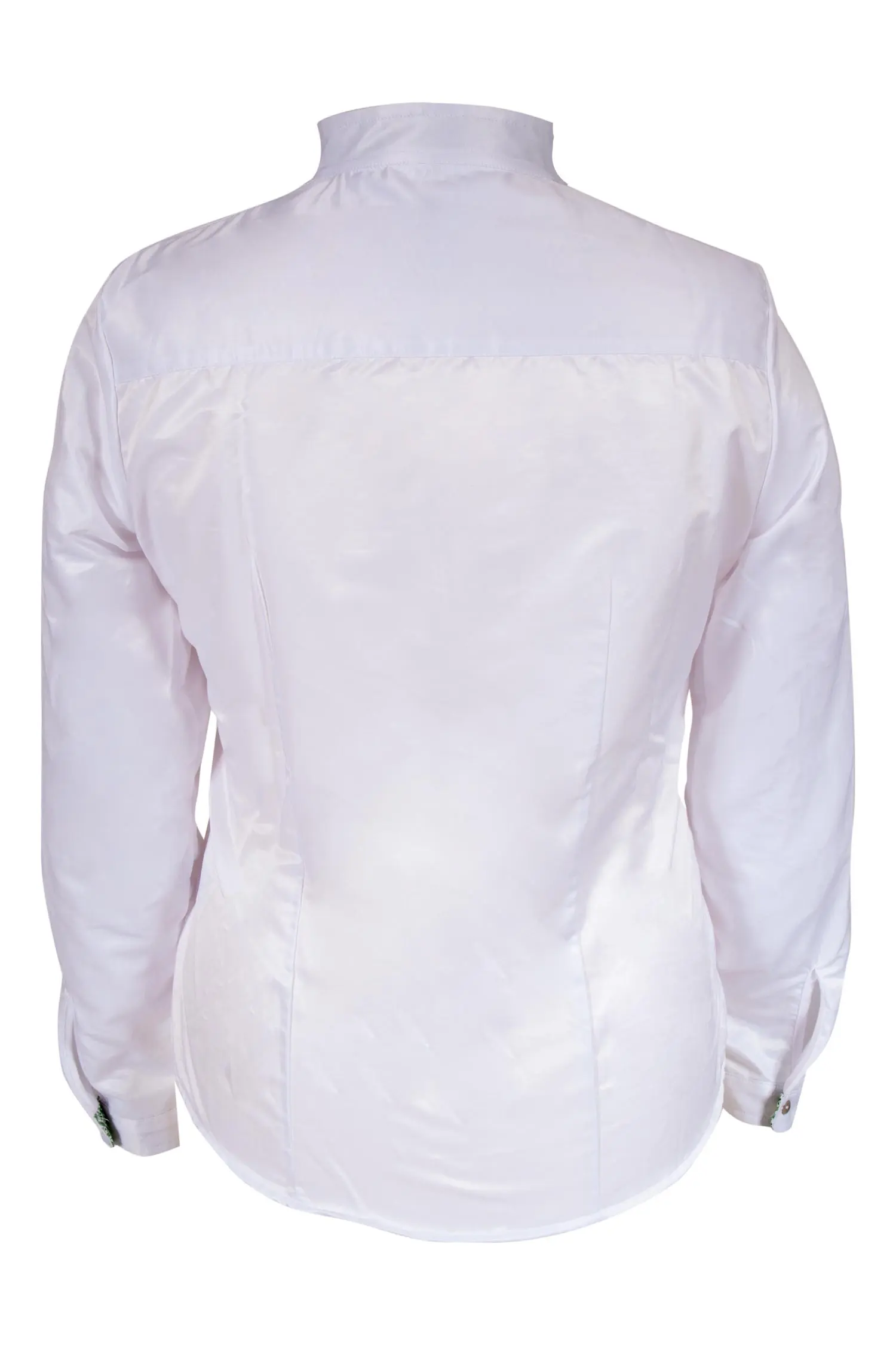 Trachtenbluse in weiß mit langen Ärmeln und grünen Details hinten