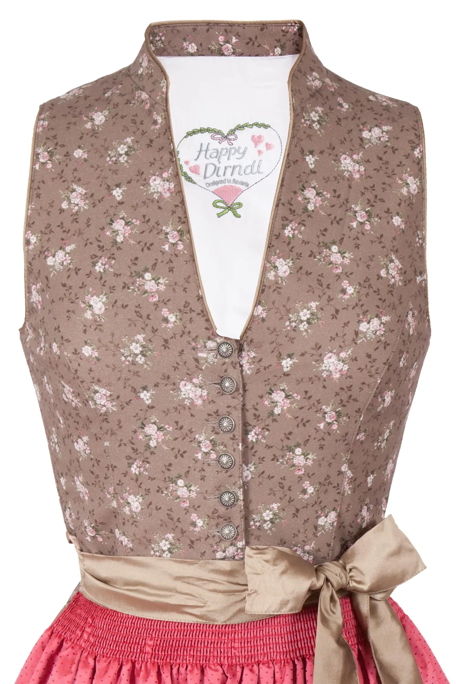 Mini Dirndl in braun mit Glanzschürze in erdbeerrot Mieder