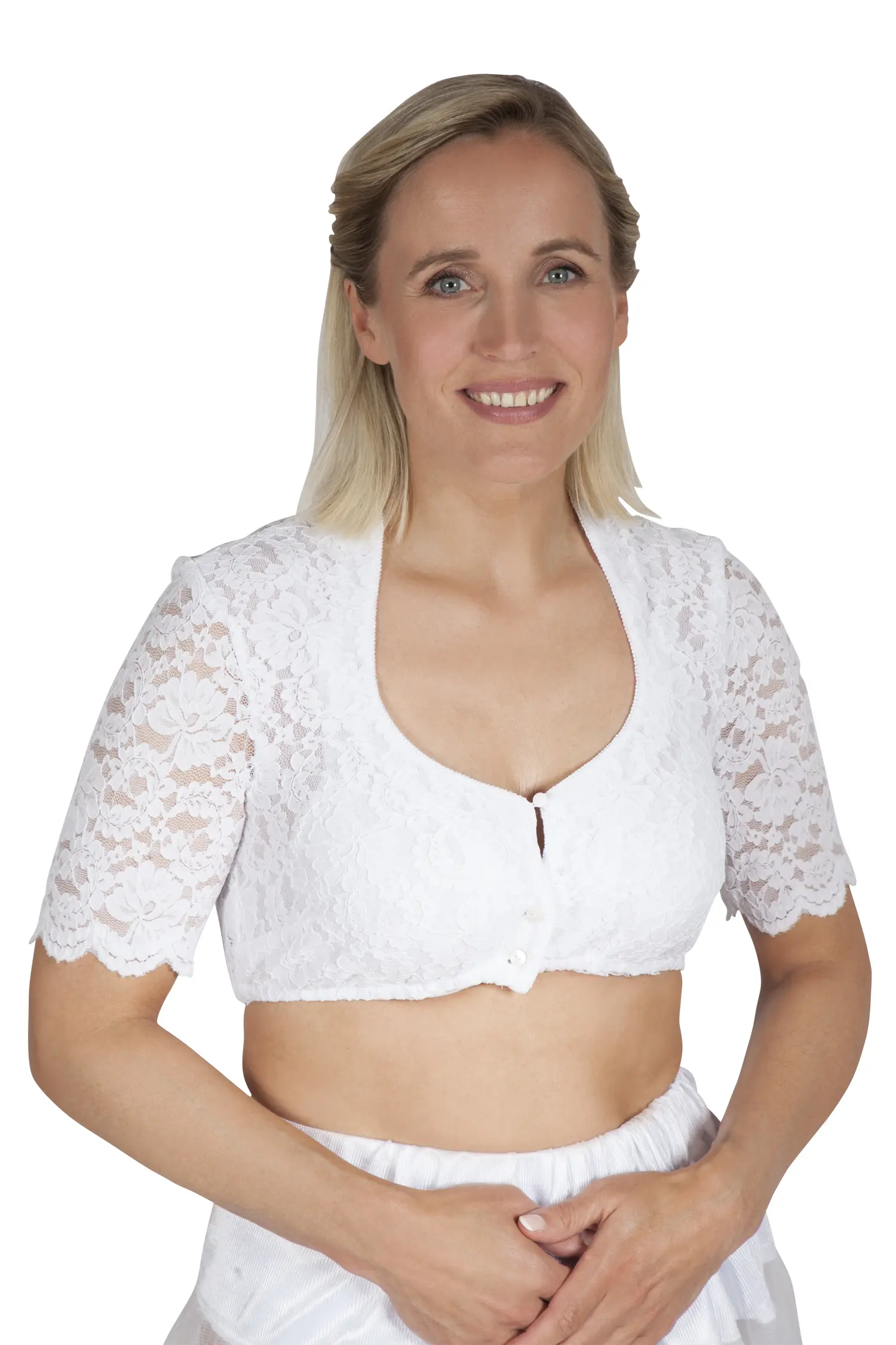 Stretch Dirndlbluse mit Schneewittchenkragen in weiß