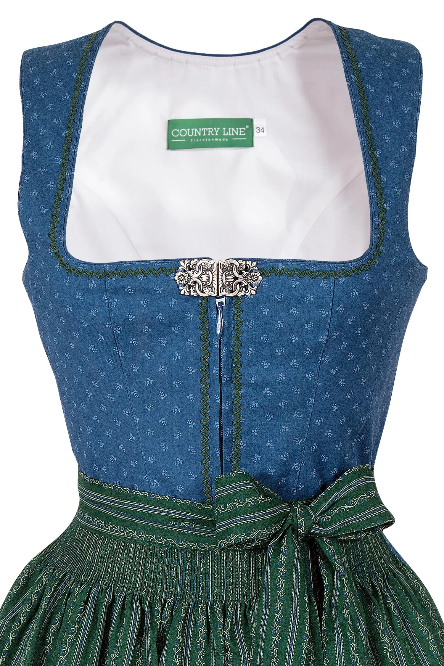 Midi Dirndl aus Baumwolle in blau und dunkelgrün Mieder