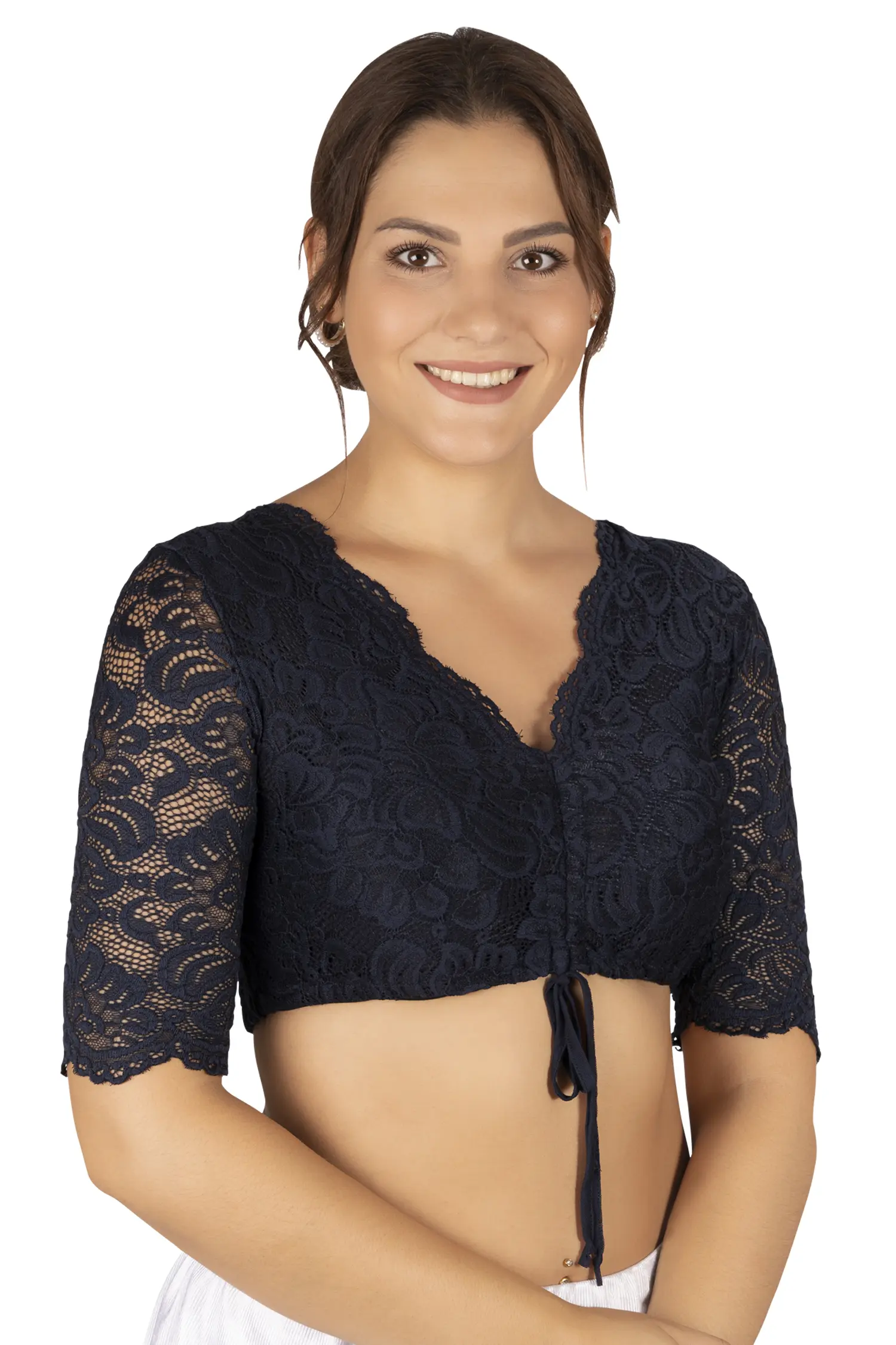 Dirndlbluse Ansbach dunkelblau mit halblangen Ärmeln