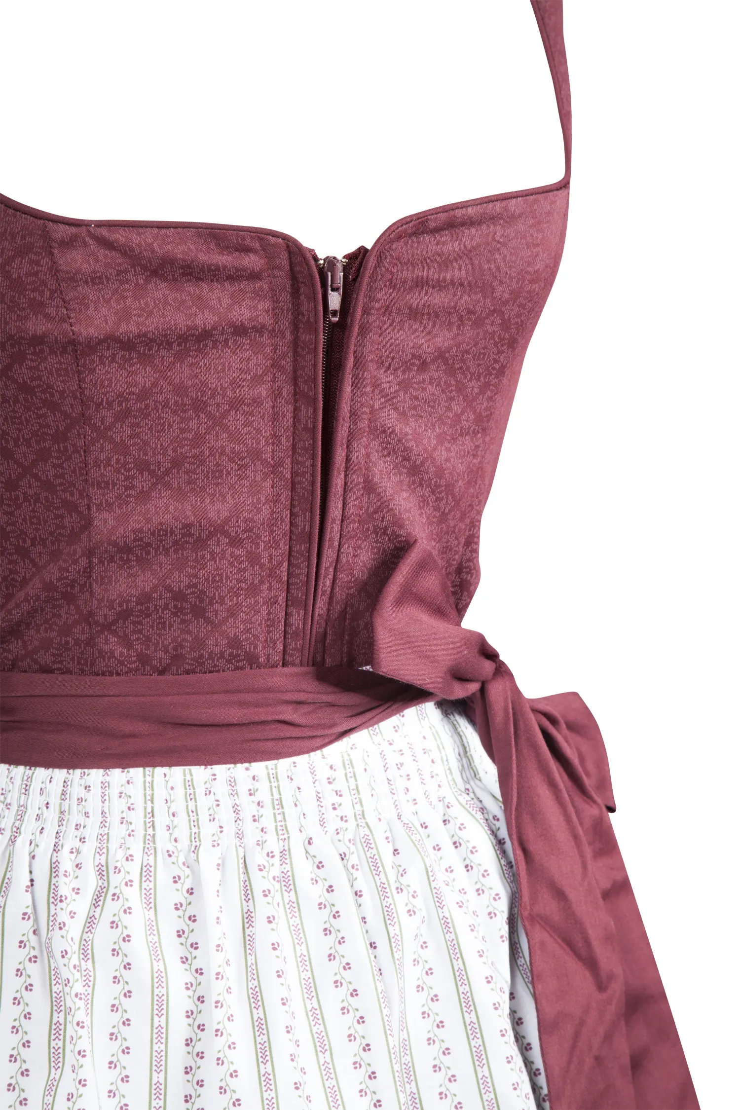 Dirndl Lissy in bordeaux mit heller Schürze - Detail Mieder