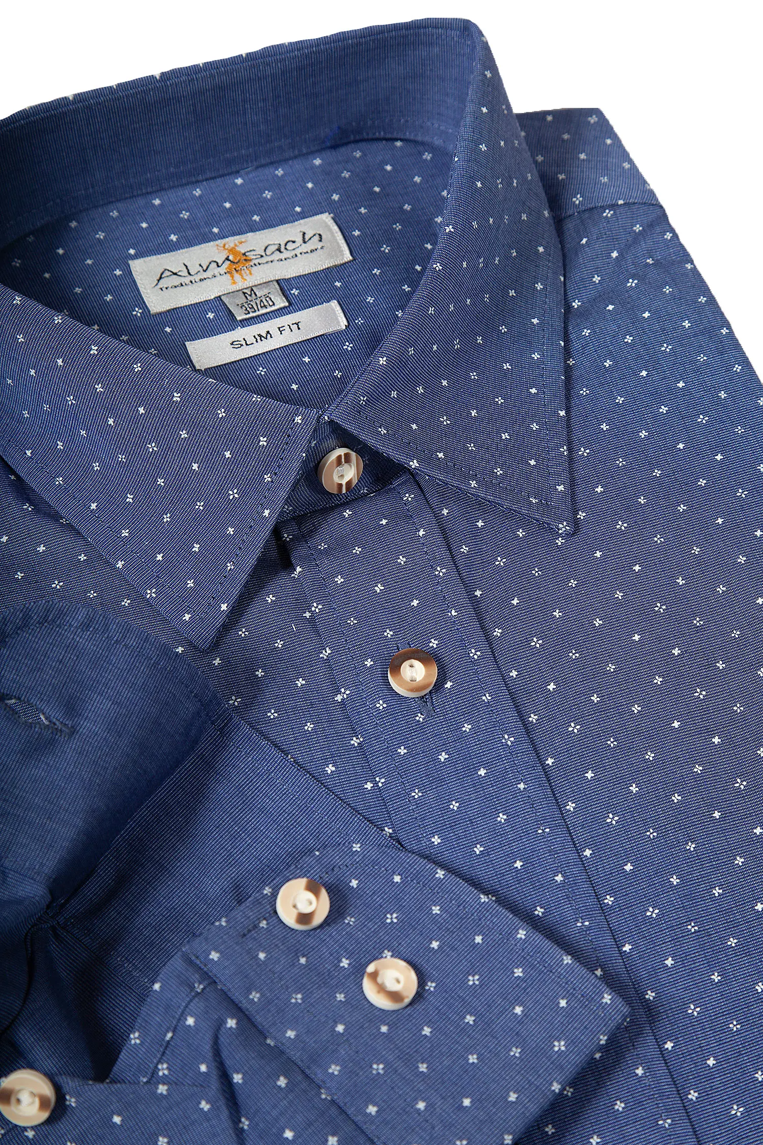 1542-0027-BL7-23-03e-5470b Trachtenhemd in blau mit Muster in weiß von Almsach - Detail Ärmel
