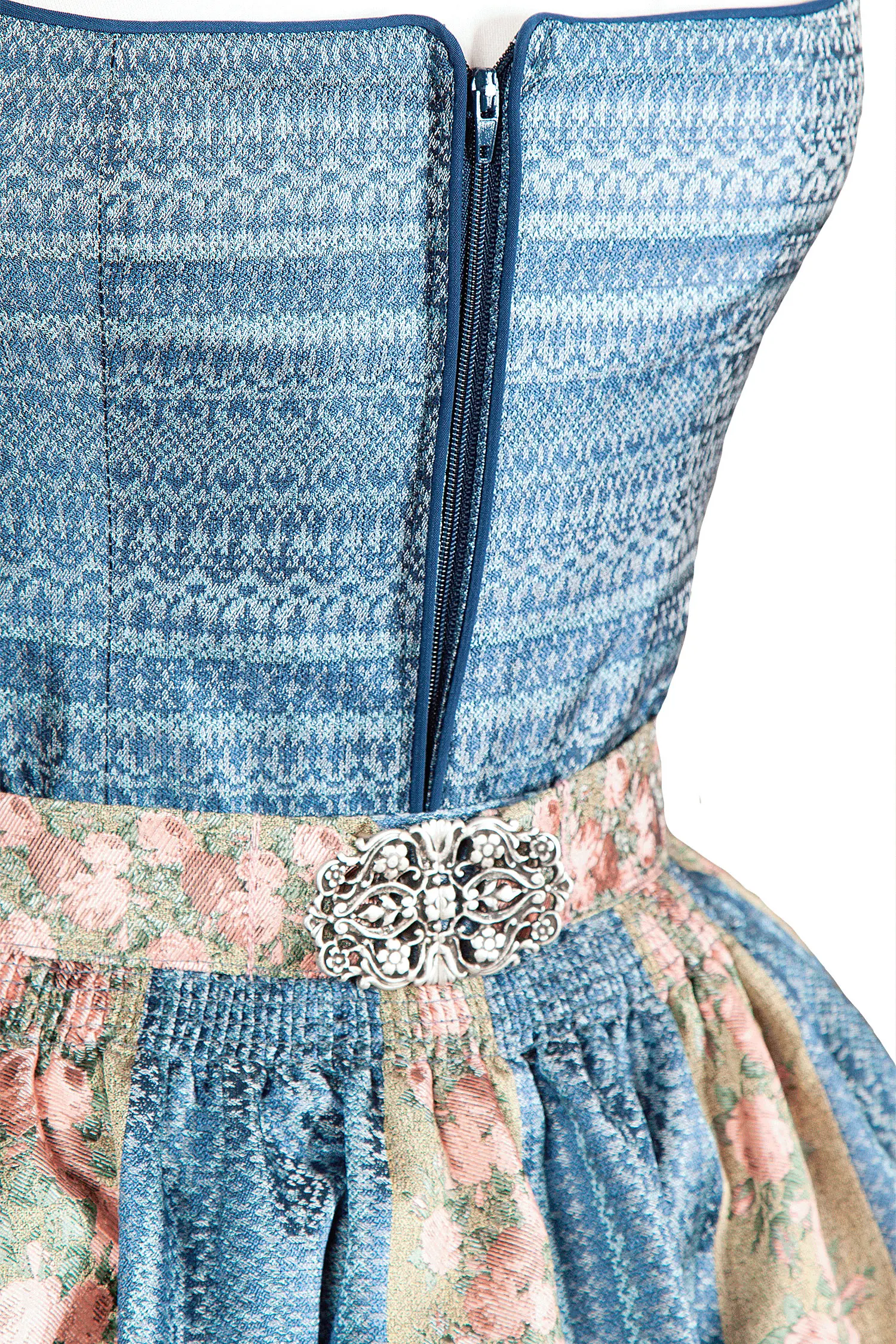 Dirndl Paris von Sissi ey! in Webstoff-Optik und malerischer Schürze - Detail Mieder