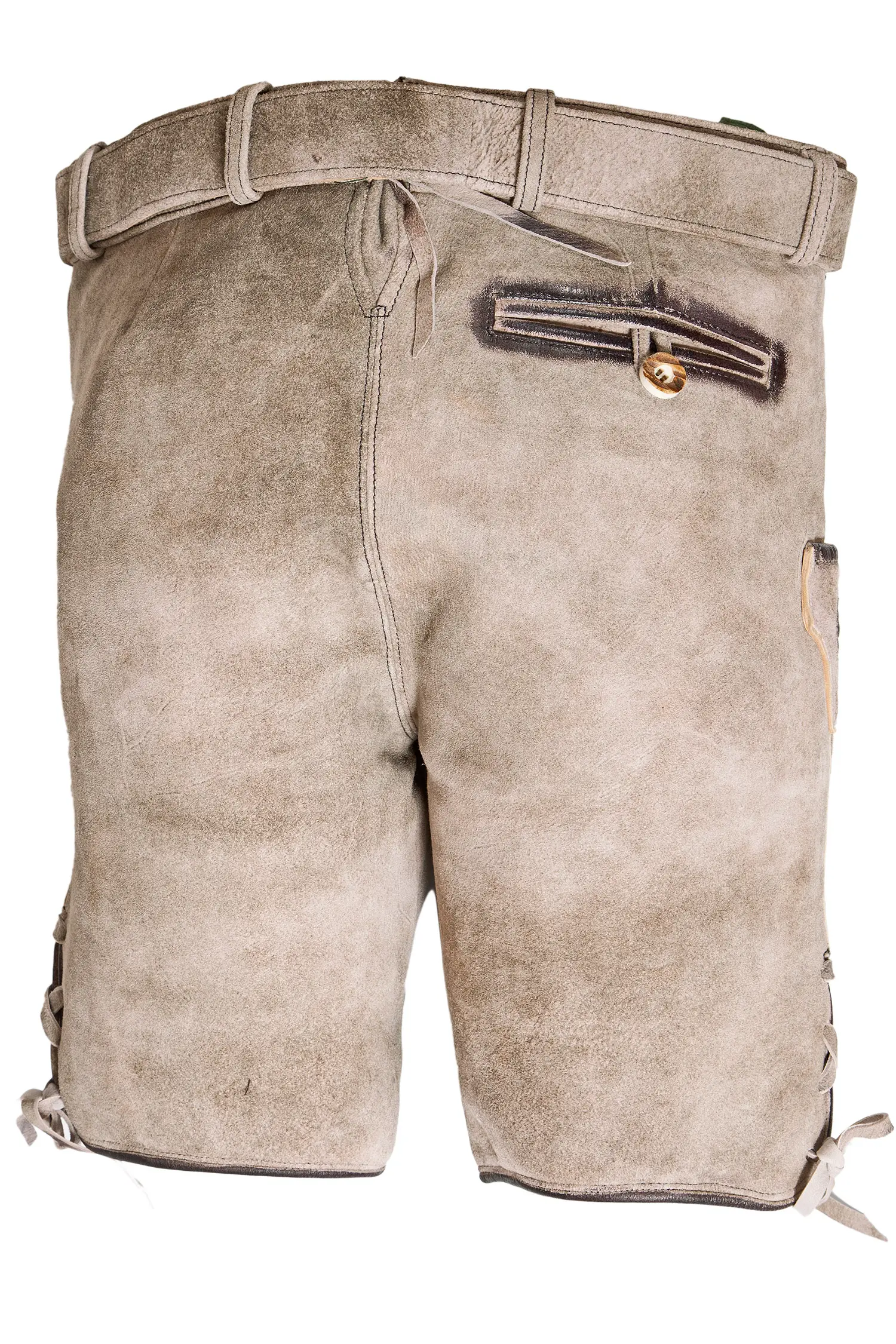Kurze Lederhose in stein grau mit Gürtel und Bandln hinten
