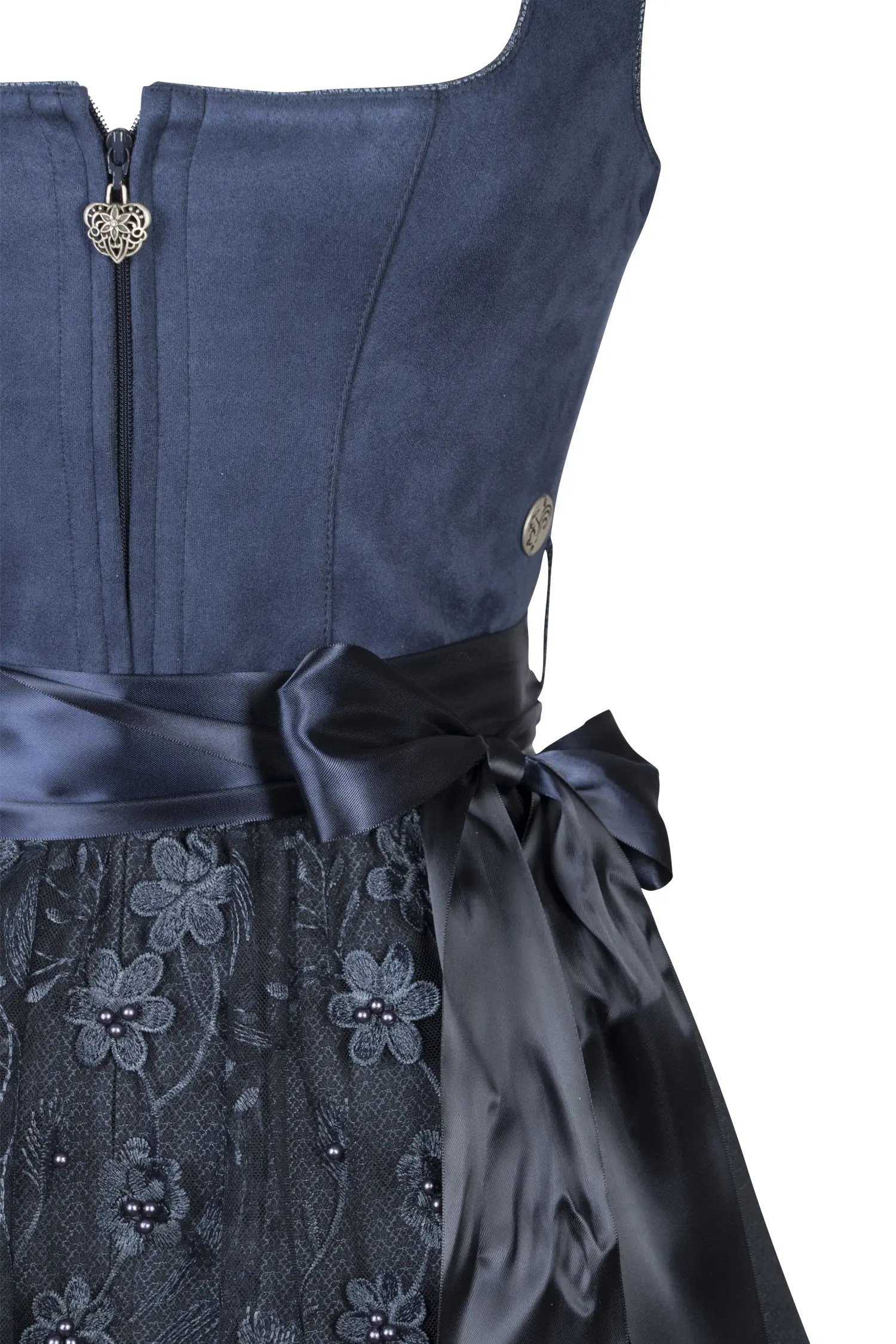 Dirndl Isa in dunkelblau mit Netzschürze - Detail Mieder