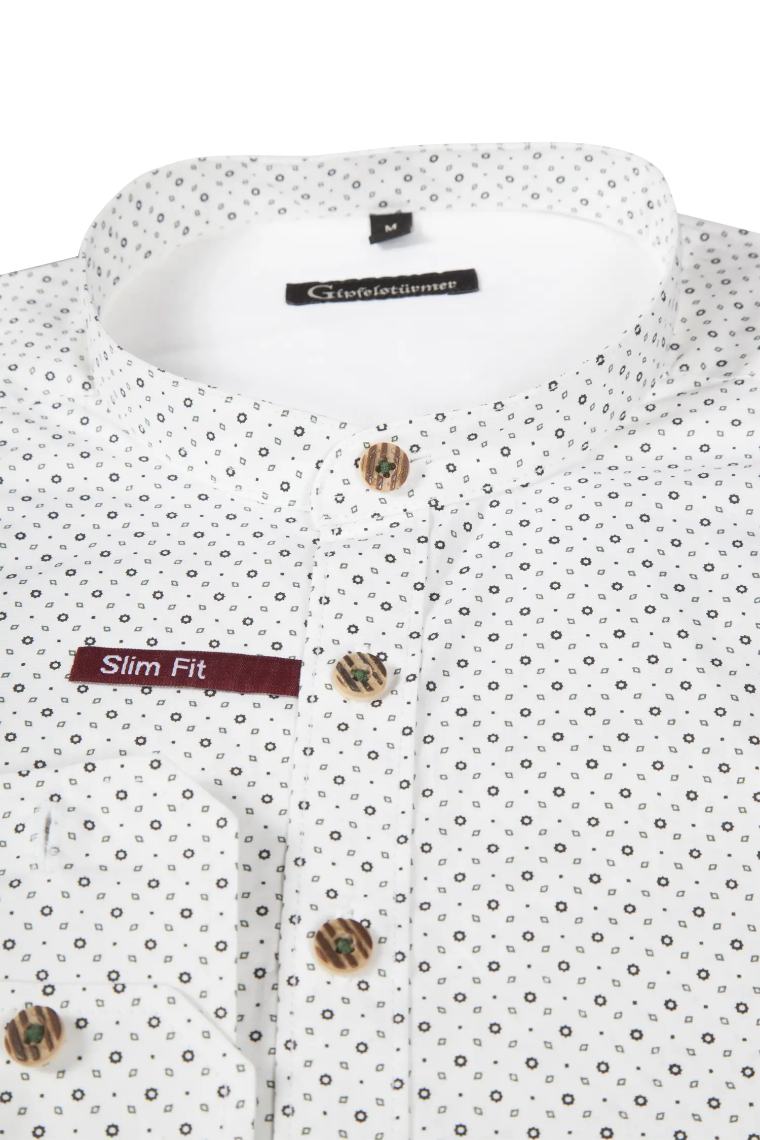 1509-0025-gn7-23-07b-1283 Trachtenhemd in weiß mit Muster in oliv / schwarz - Detail Kragen