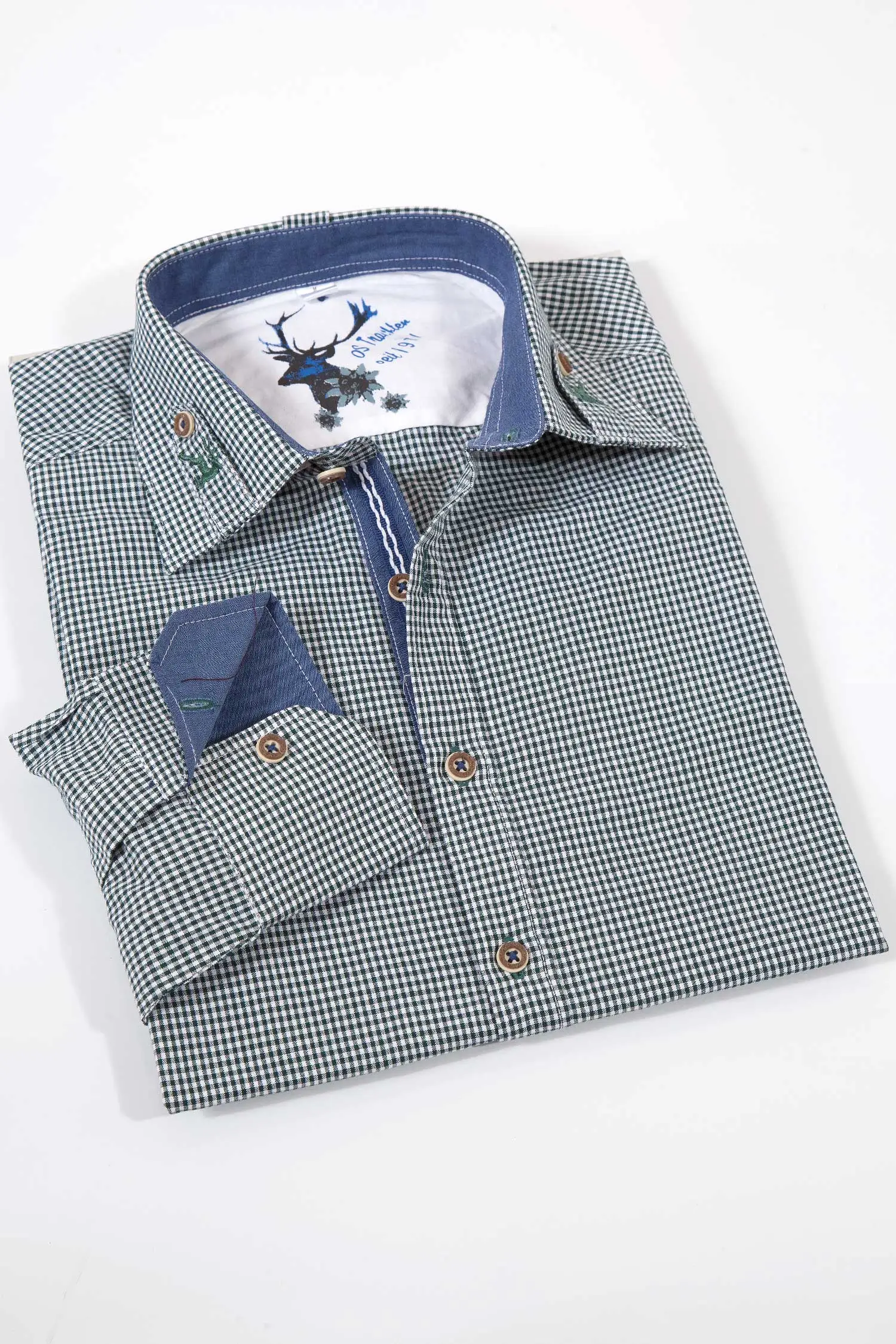 Trachtenhemd in Vichykaro dunkelgrün weiß mit Stick 