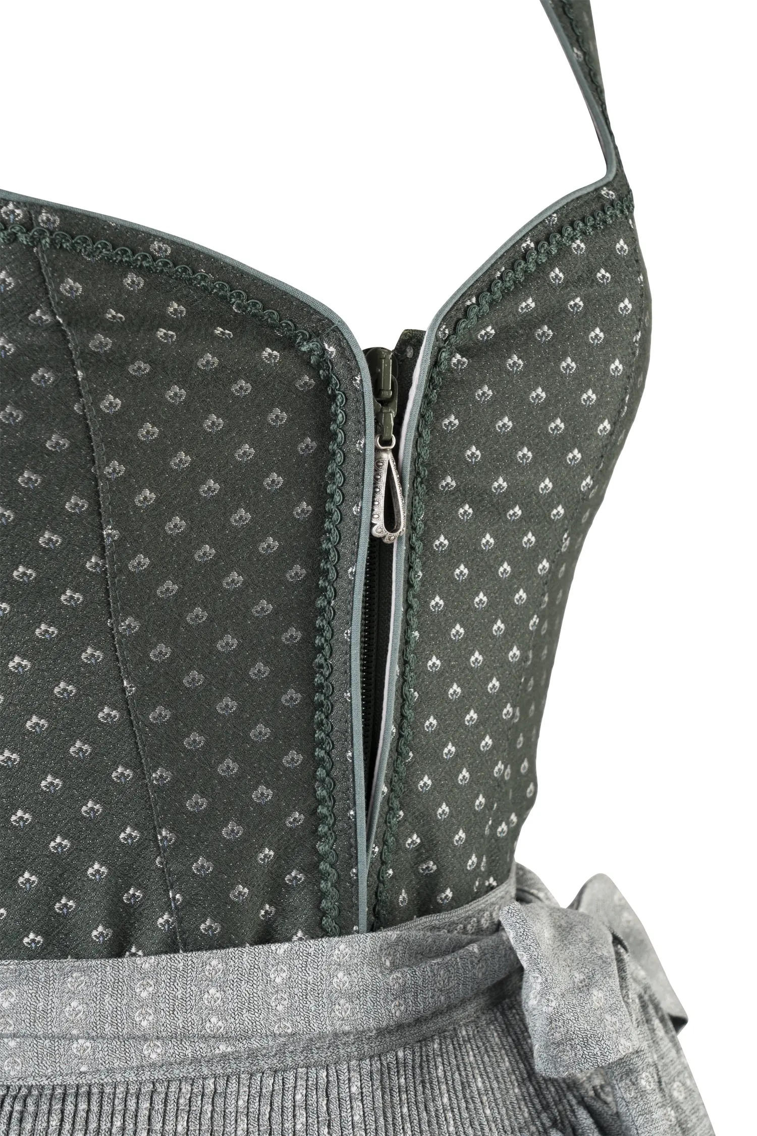 Gamsbock Dirndl in tanne / mint mit auffälligem Rock - Detail Mieder