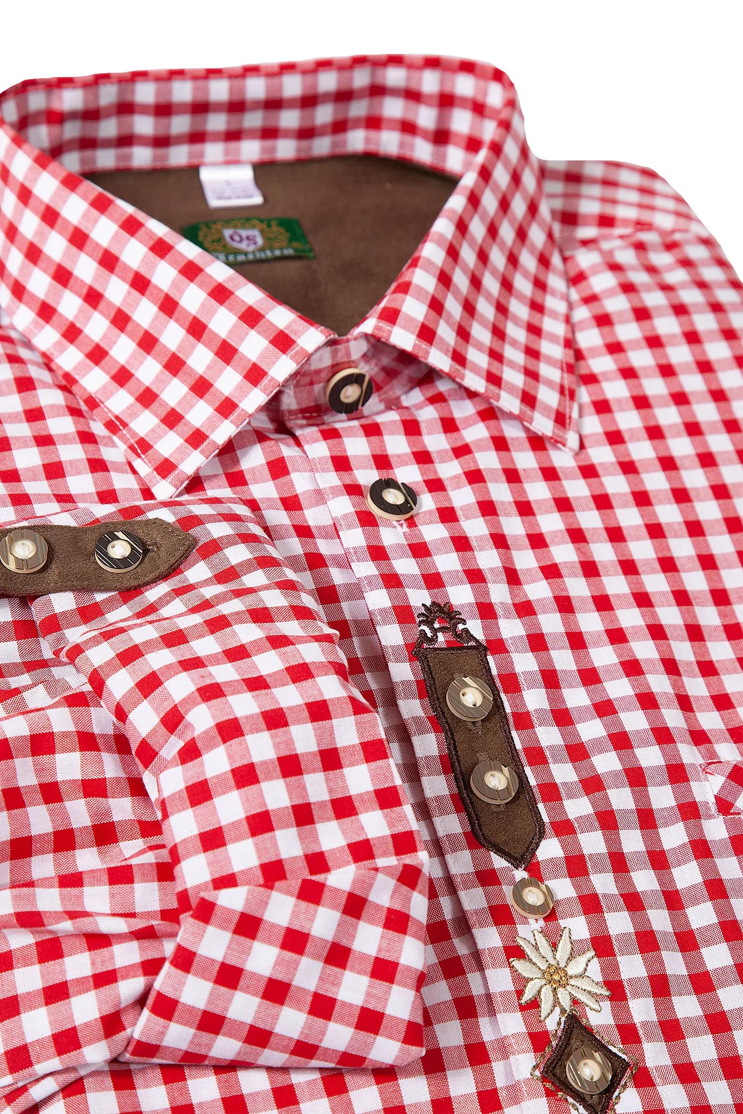 Trachtenhemd mittelrot kariert von OS Trachten mit Edelweiß-Applikation - Detail Kragen