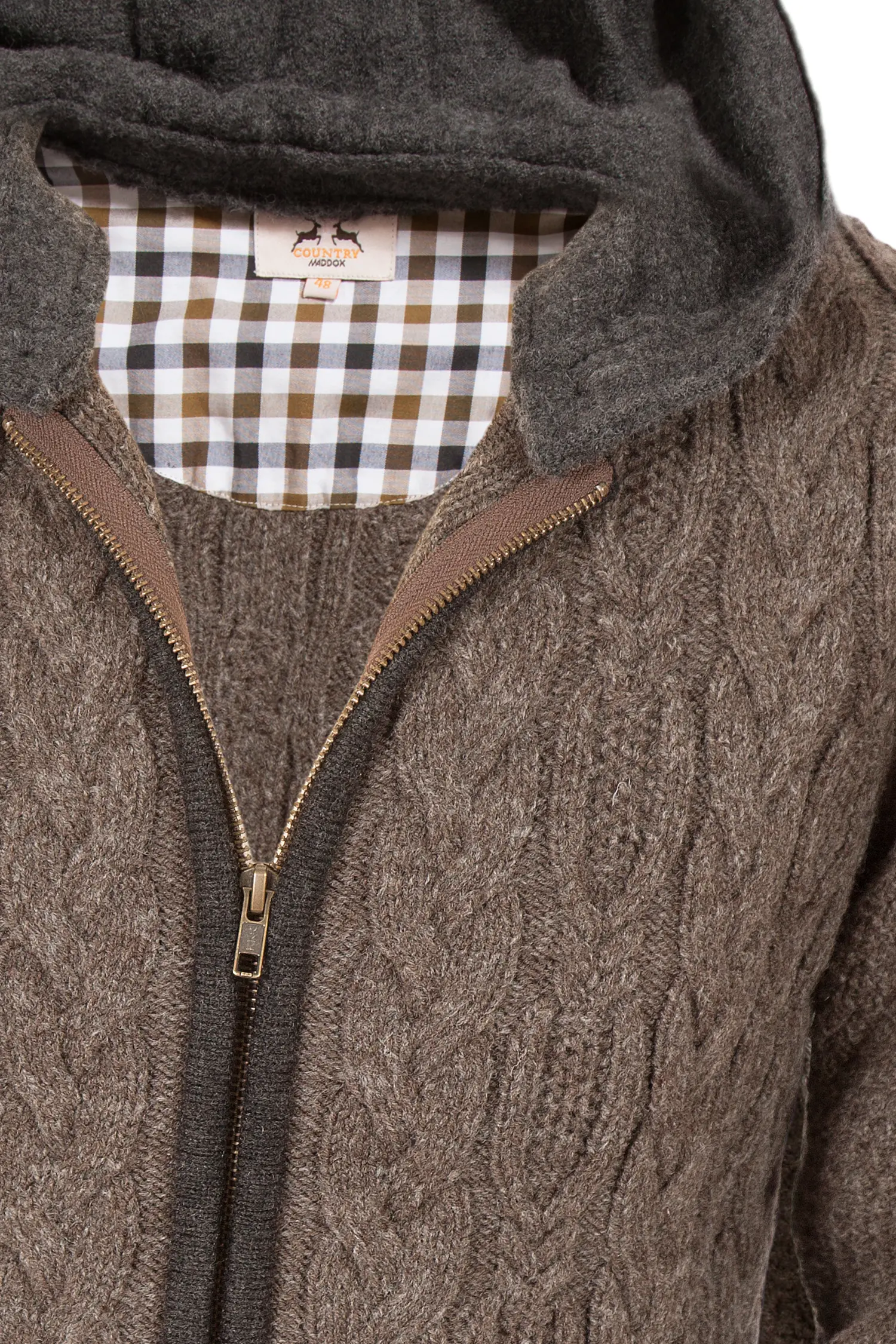 Herren Trachten Strickjacke mit Zopfmuster in braun Detail