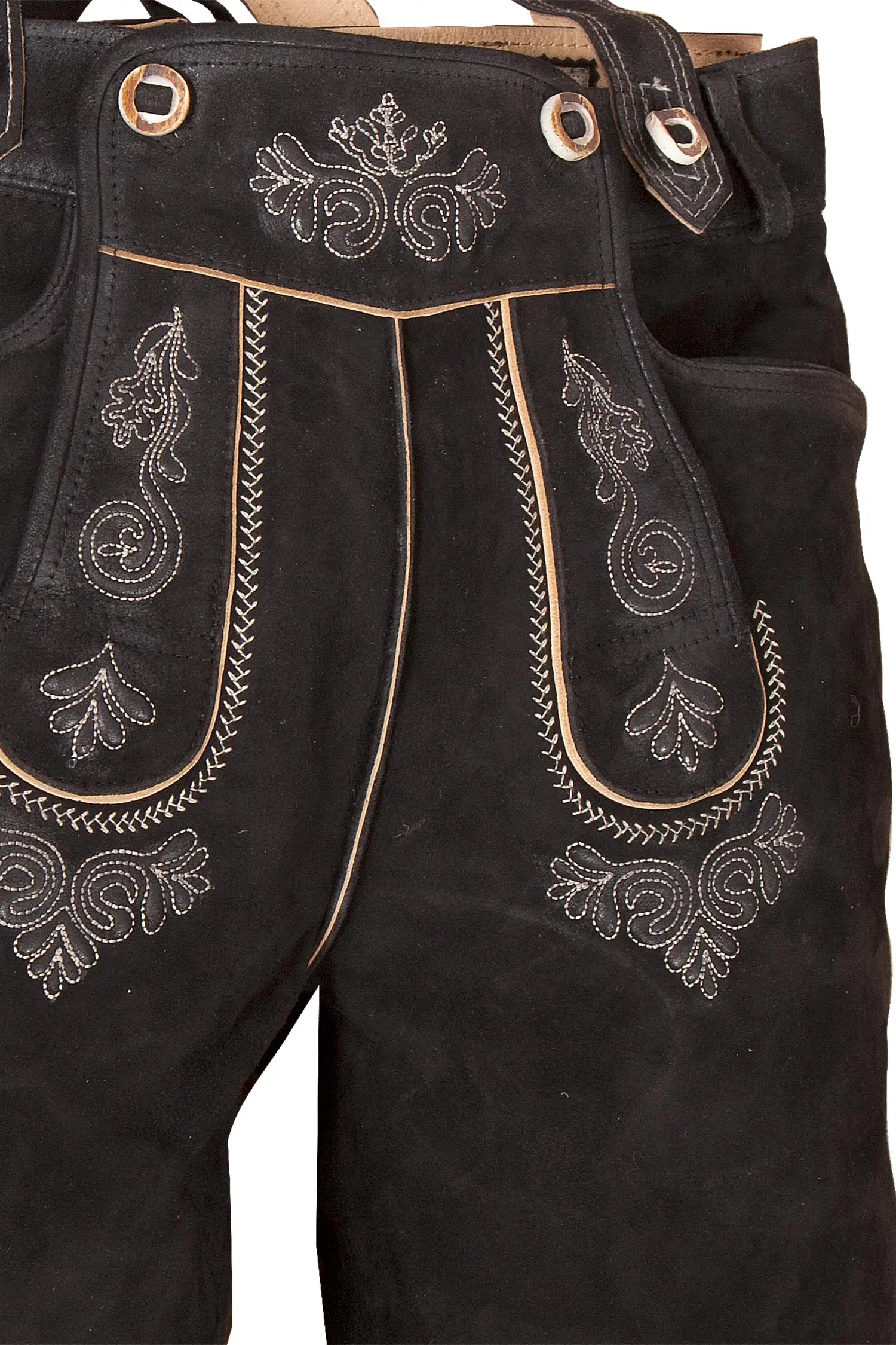 lederhose-kniebund-schwarz-1620-0566-sw5-20-02d-6098-b Kniebund Lederhose Justin in schwarz mit Träger Latz