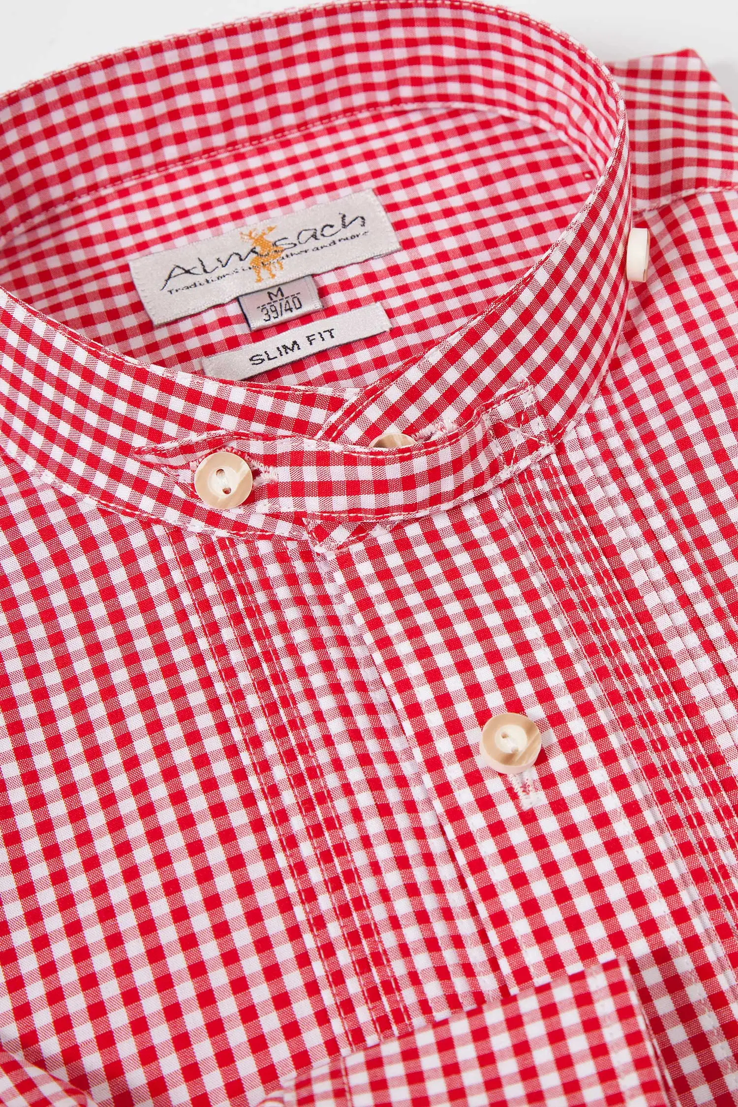 Trachtenhemd mit Vichykaro in rot mit Stehkragen Kragen