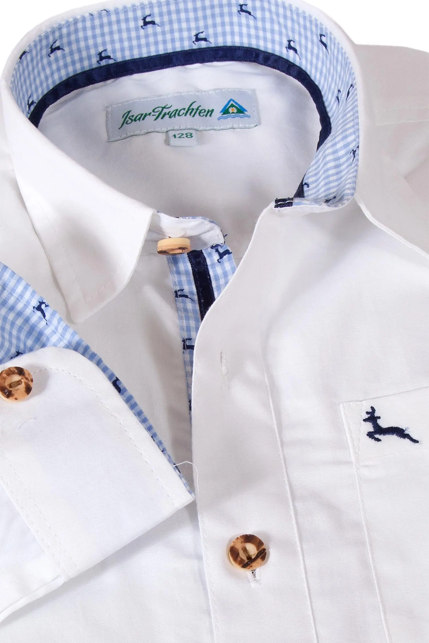 Kinder Trachtenhemd weiß mit blauen Hirschen Detail