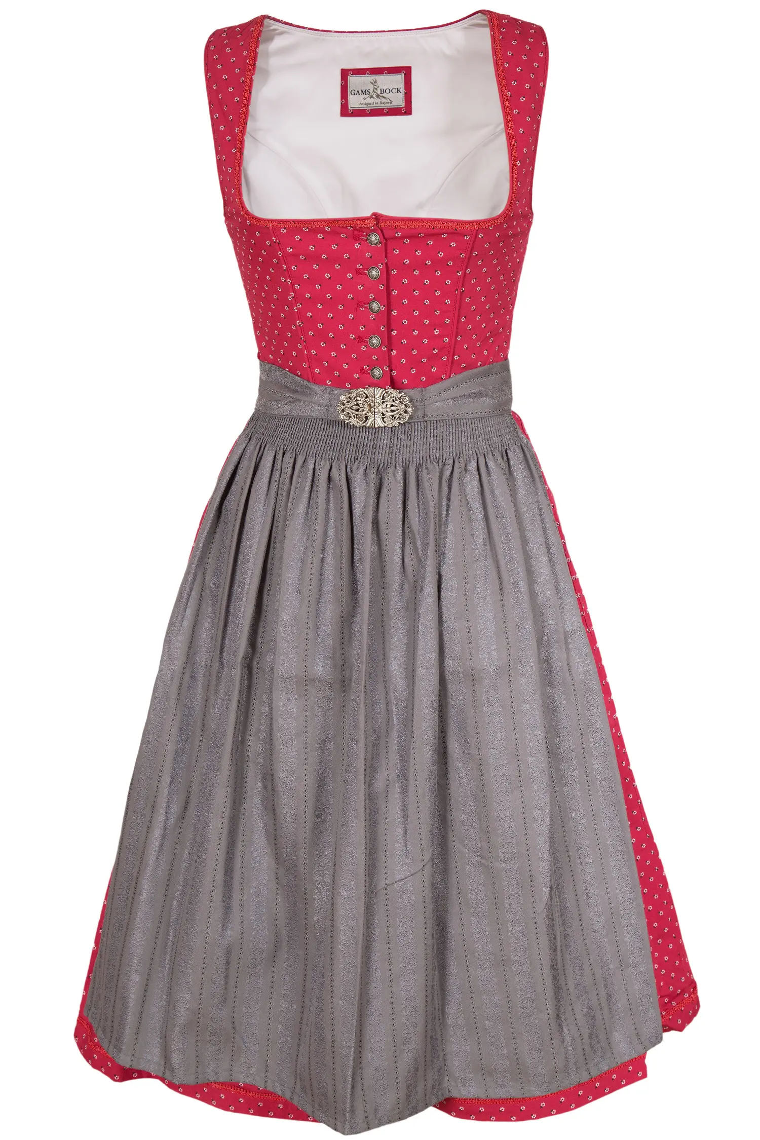 Midi Dirndl in beere rot mit dunkelgrauer Schürze