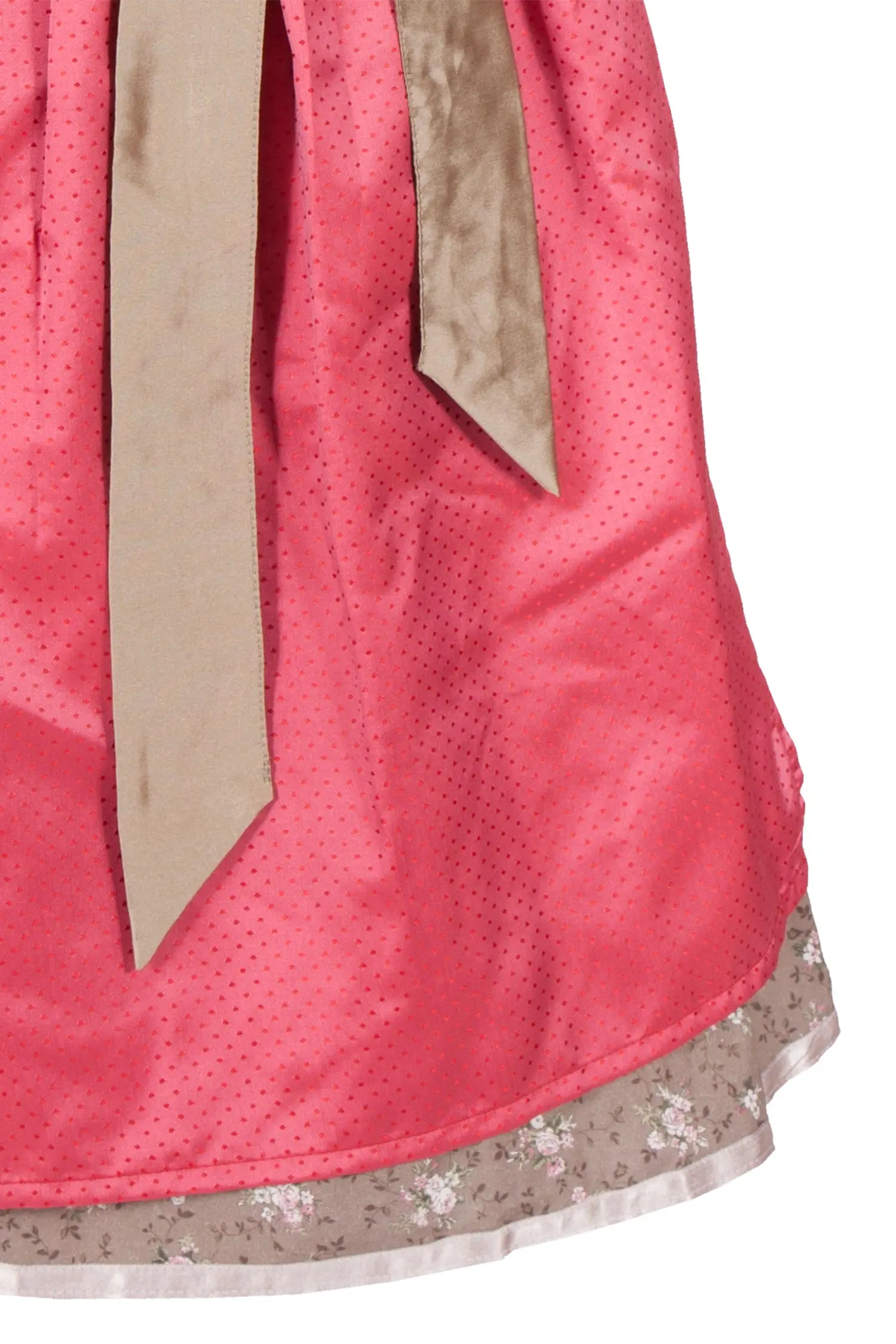 Mini Dirndl in braun mit Glanzschürze in erdbeerrot Detail