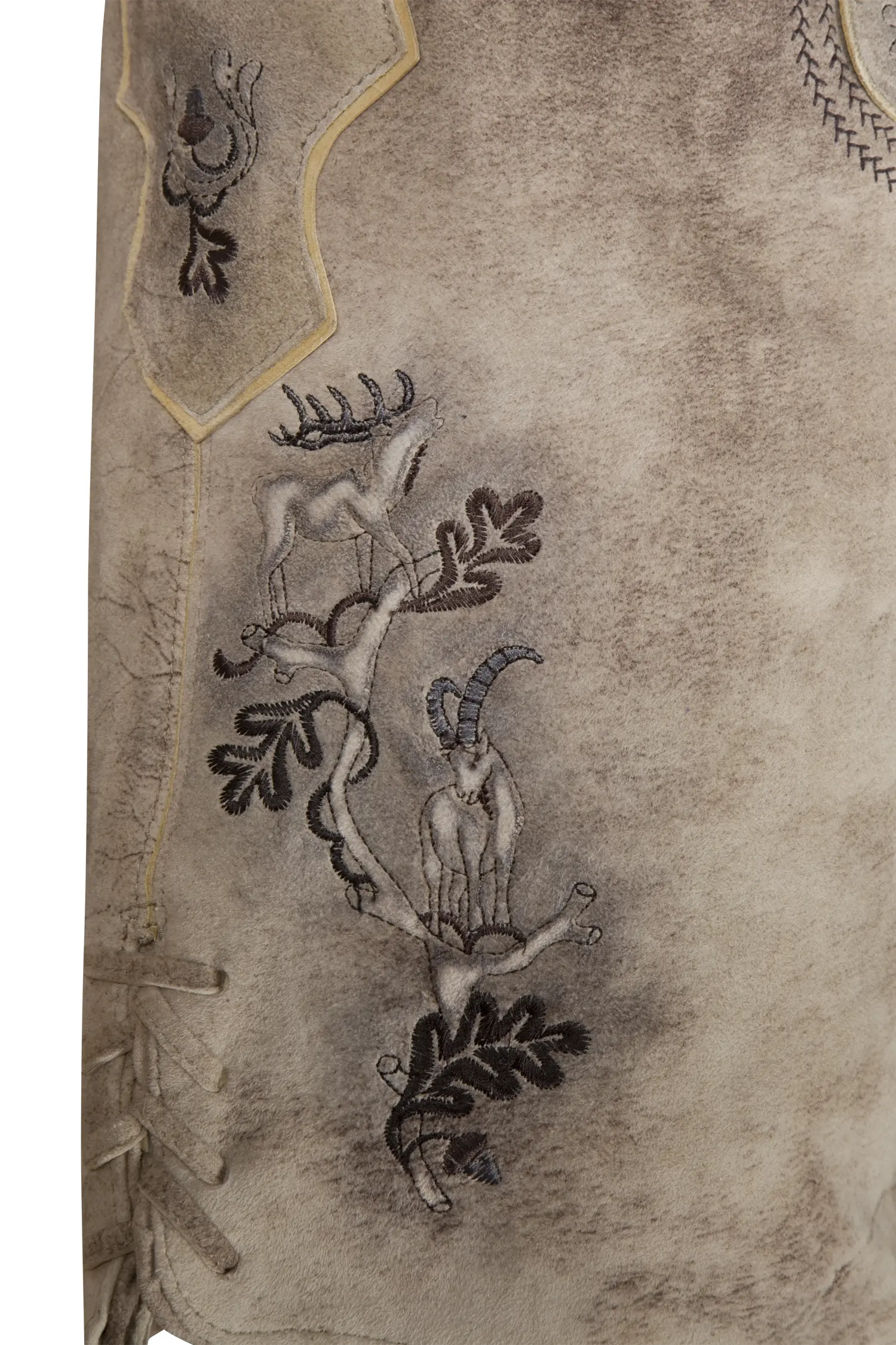 Kurze Lederhose Butler in grau/braun mit Gürtel - Detail Bein