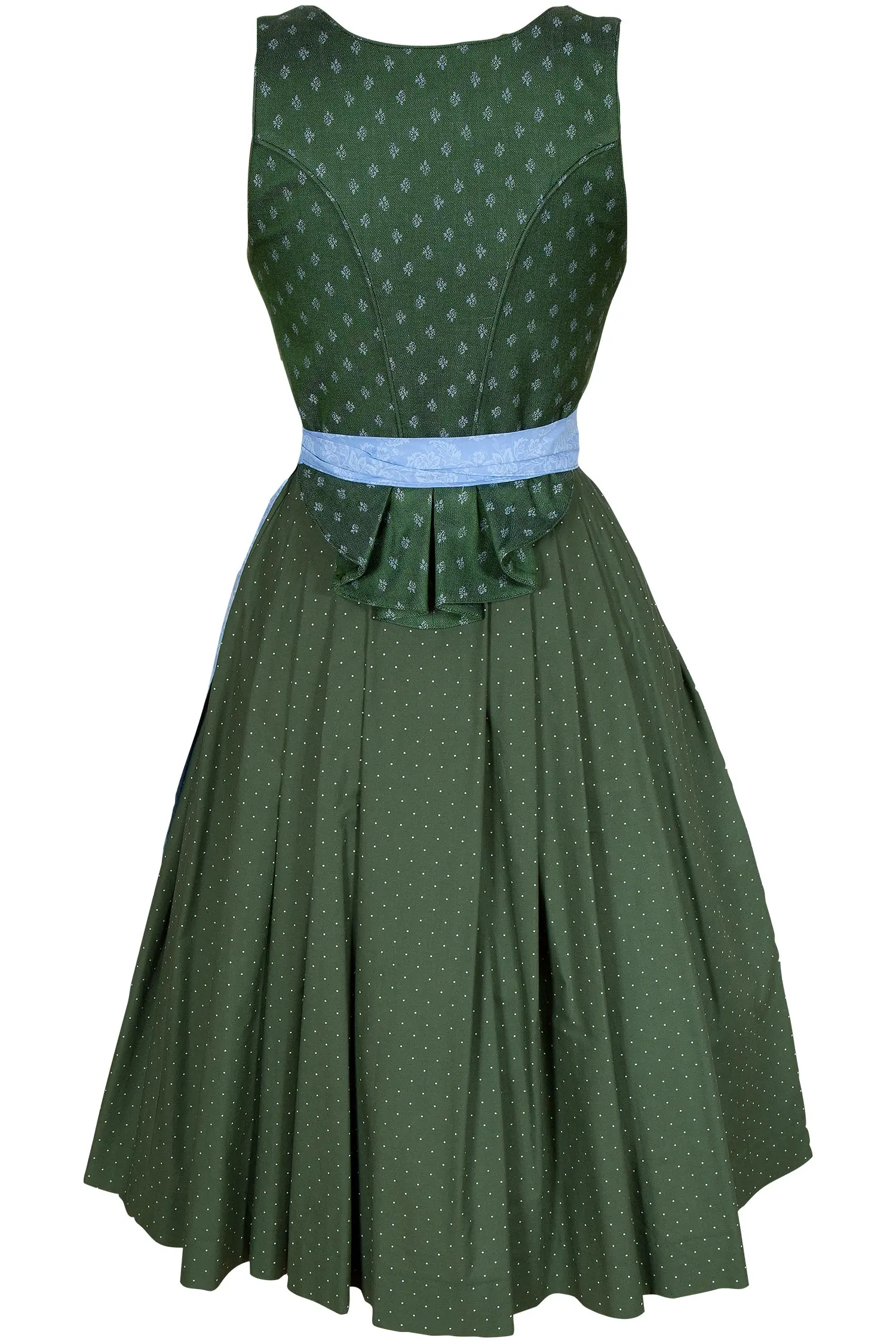 Leinen Dirndl Regina in grün mit blauer Schürze hinten