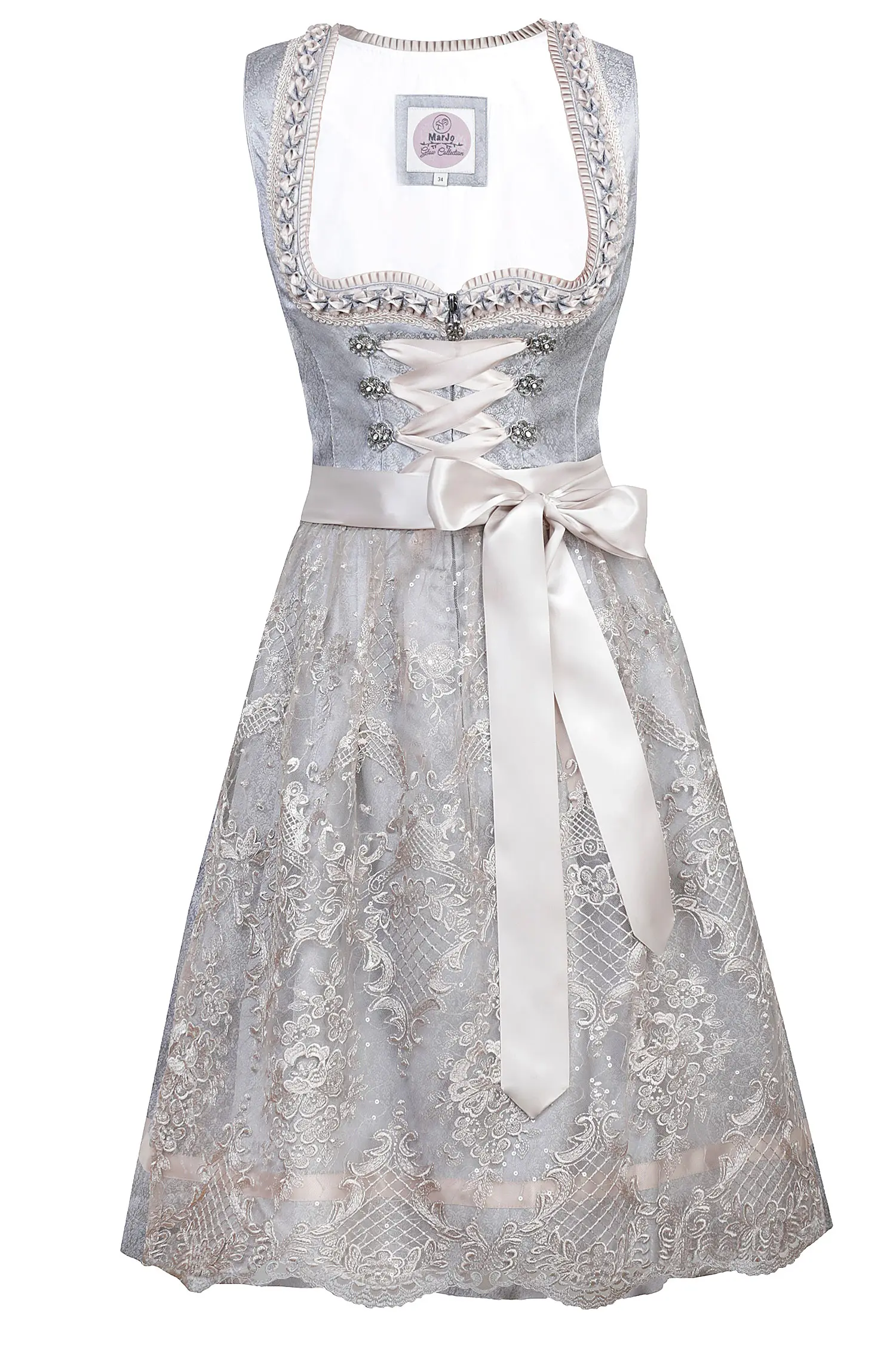 3076-0075-BL3marjo-2023-1 Dirndl Benita in eisblau / taupe mit Glitzerschürze 65 cm