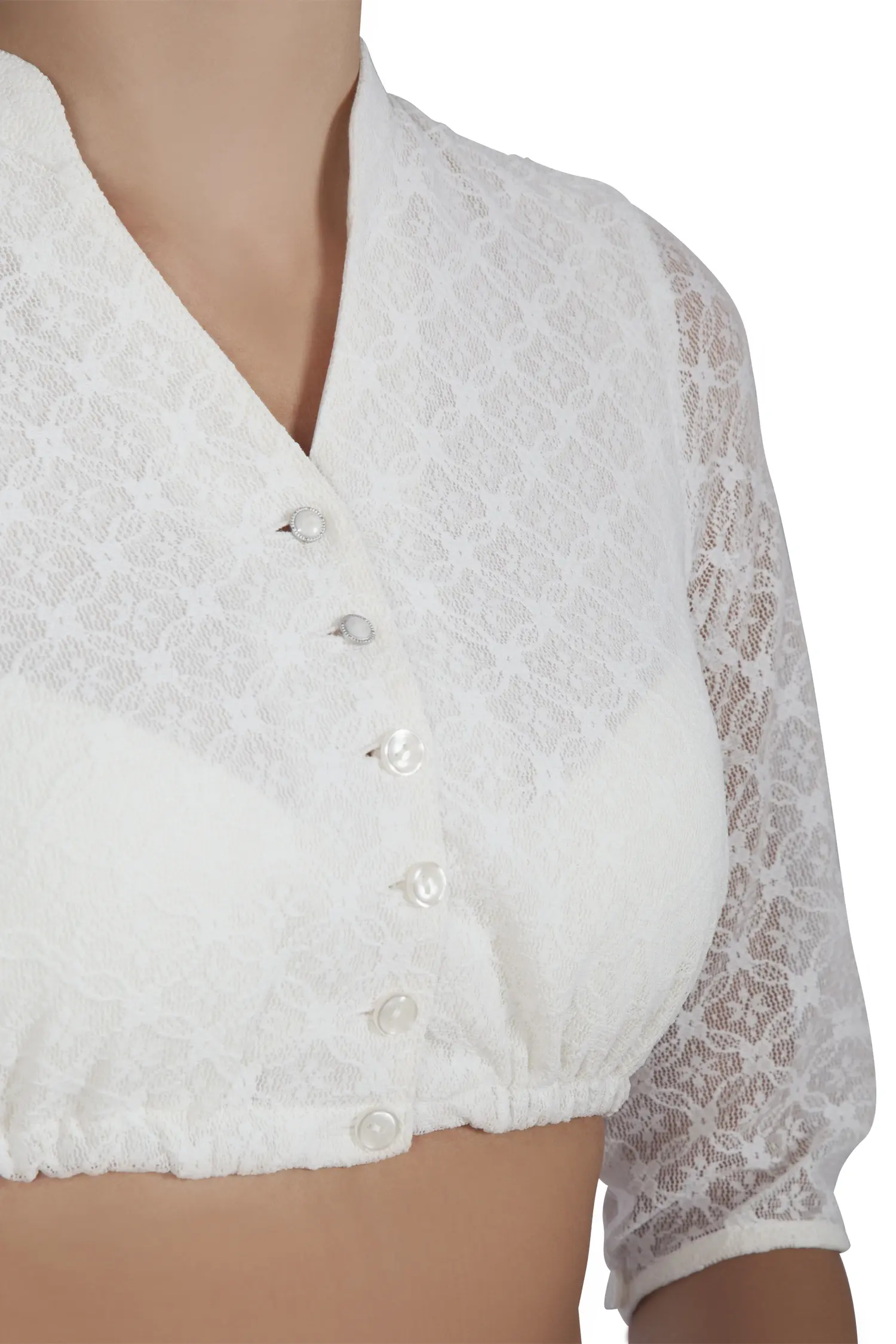 Feine Dirndlbluse in ecru - Detail Ausschnitt