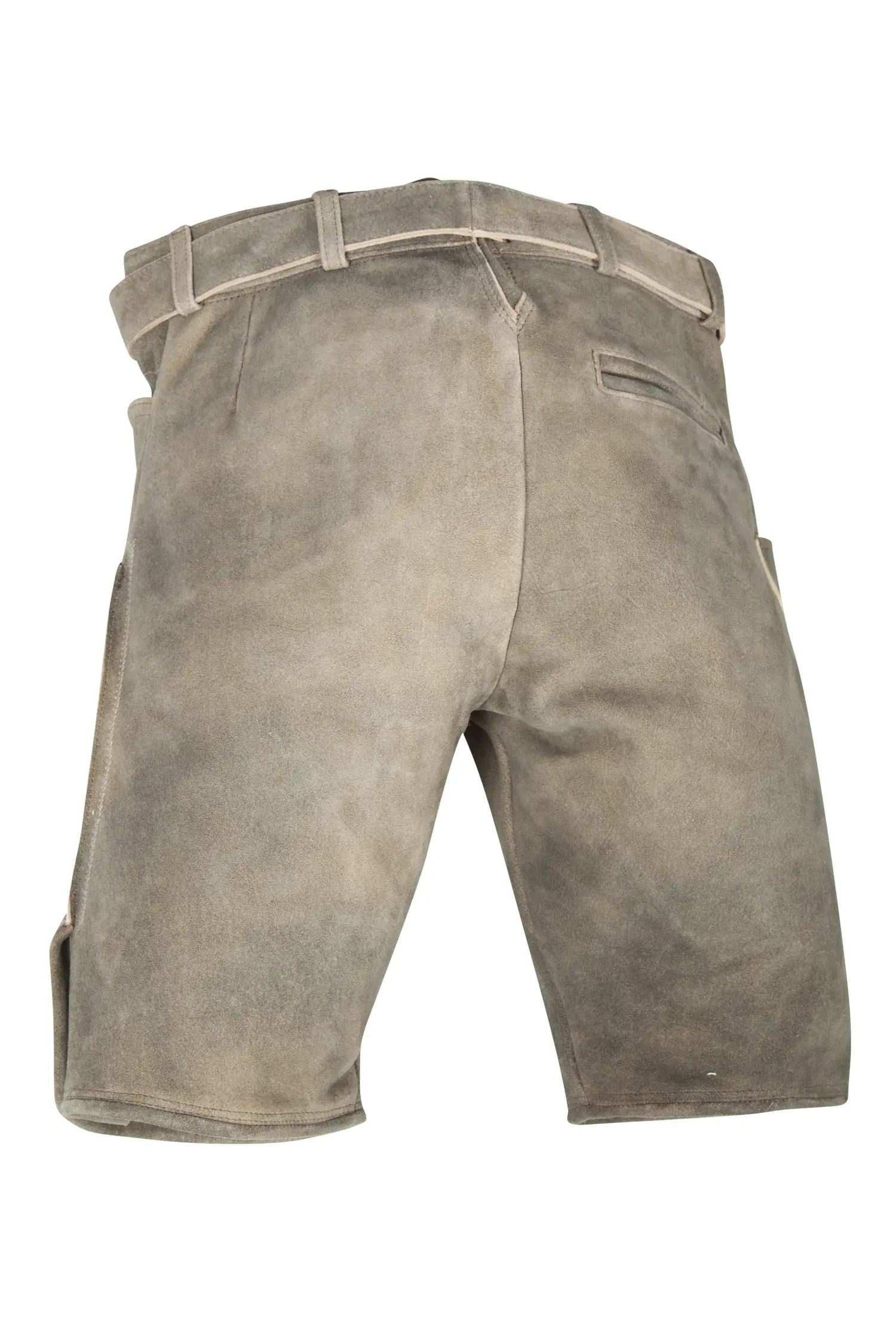 1613-1072-2be-23-07b-1207 Kurze Lederhose Freising in braun mit heller Stickerei - Rückansicht