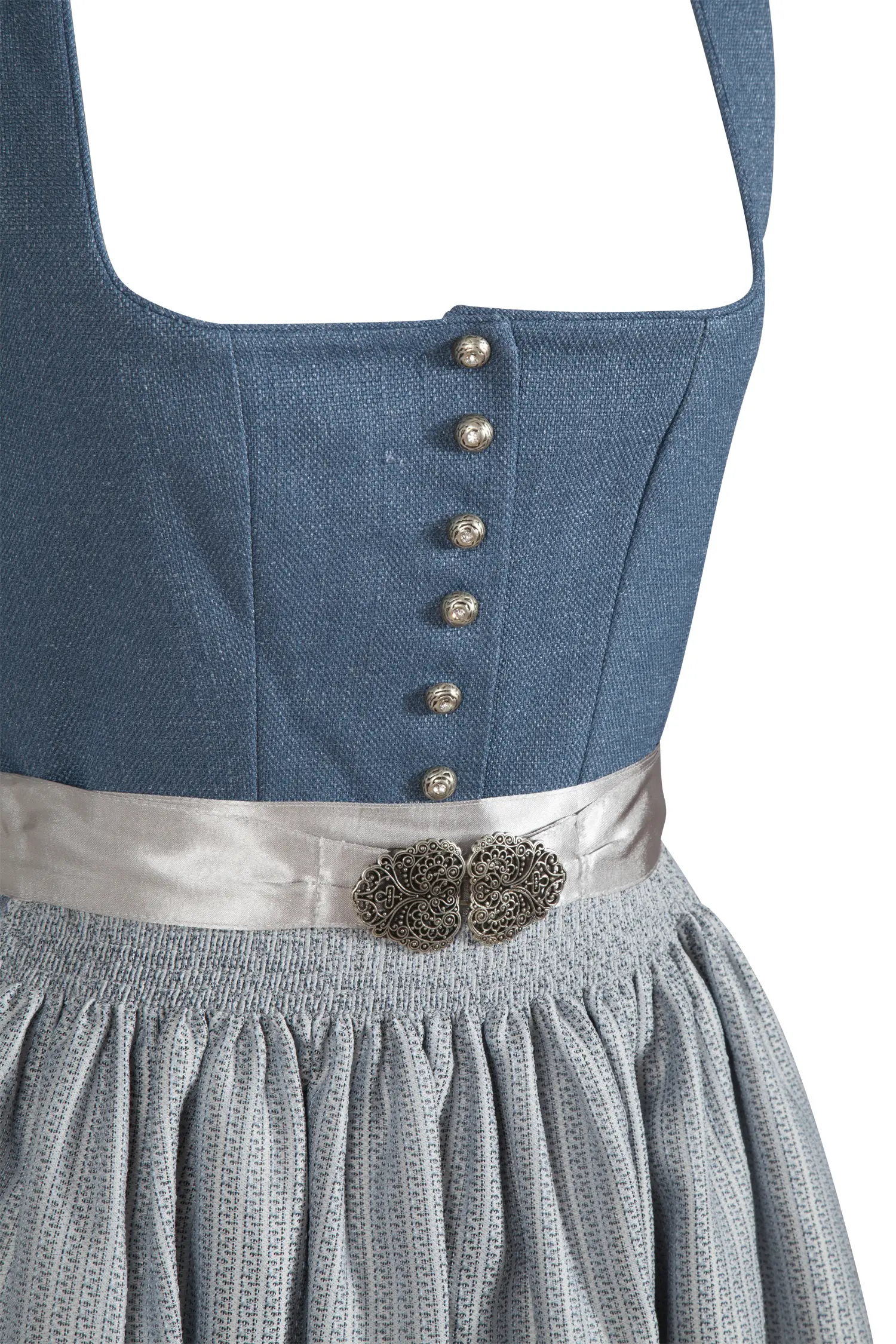 Dirndl in blau / silber mit Schließe, Leinen-Optik - Detail Mieder
