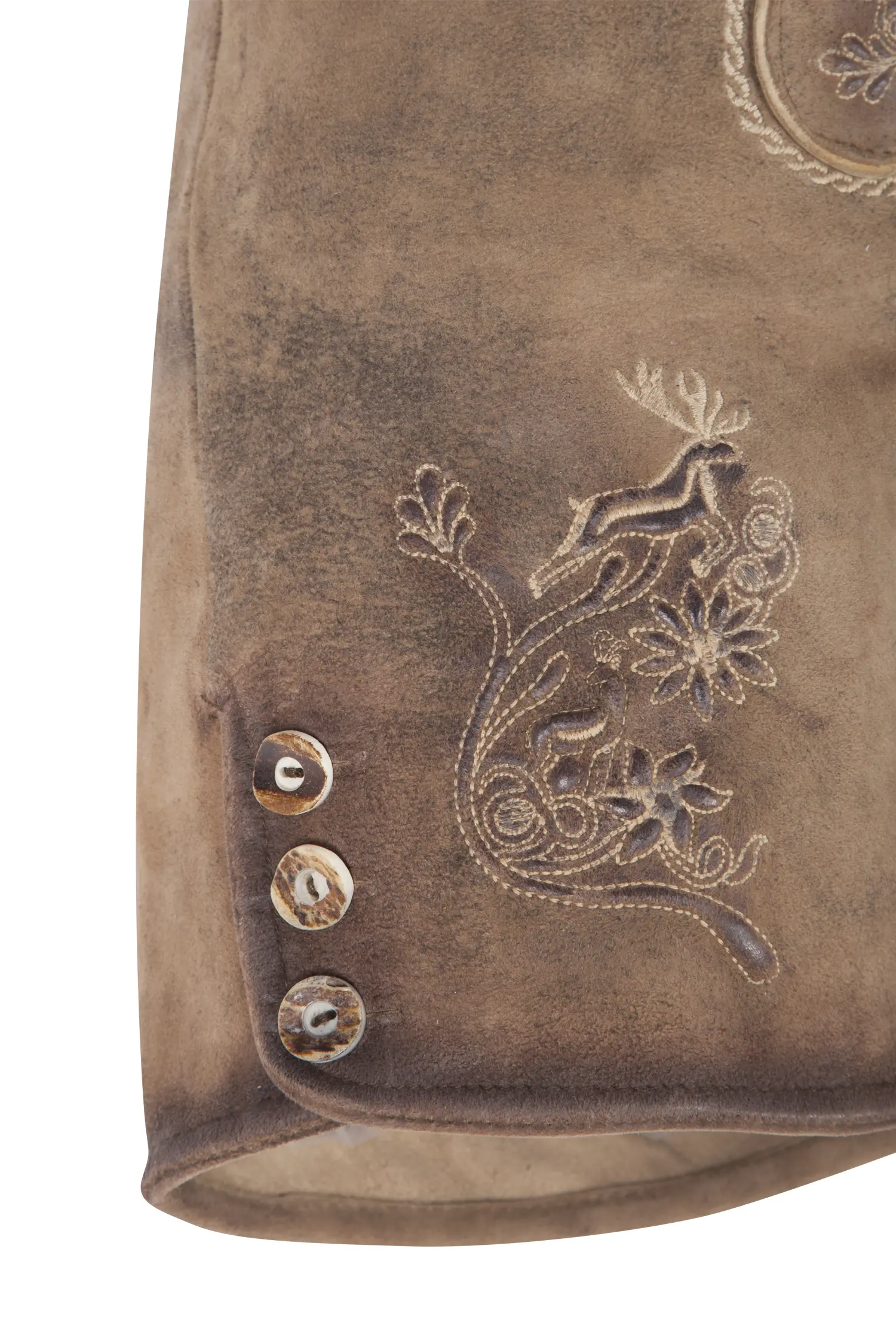 Damen Lederhose Maila in hopfen mit Latz - Detail Bein