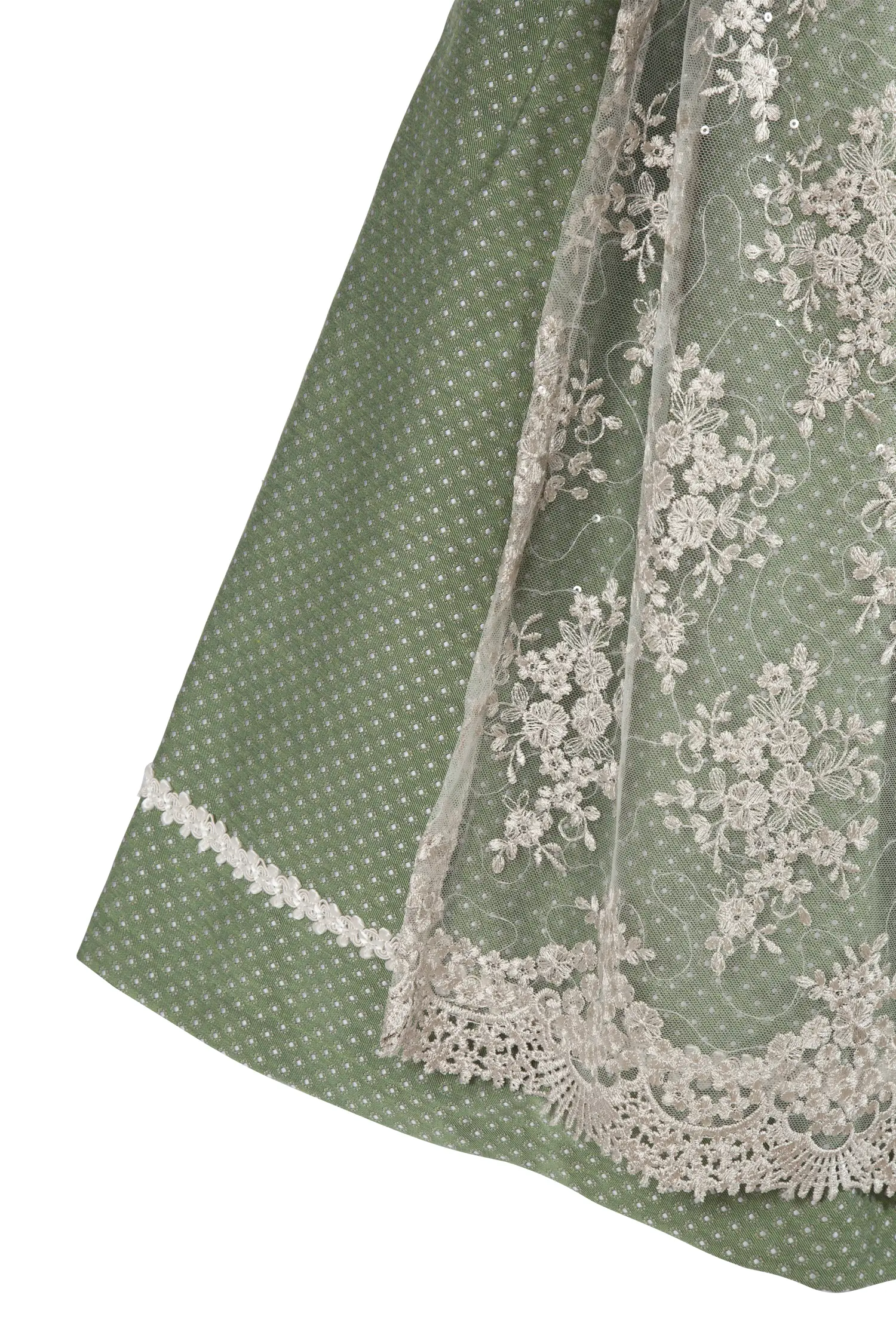 Dirndl Carla in hellgrün / creme mit Glitzerschürze - Detail Rock