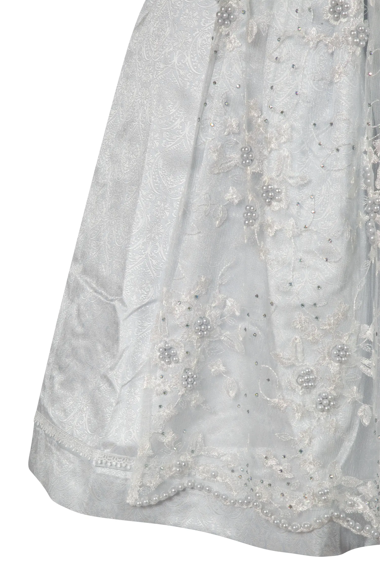 3067-1450-BL2-23-04g6058 Dirndl Sunny in hellblau mit Glitzerschürze, Strass und Perlen 60 cm - Detail Rock