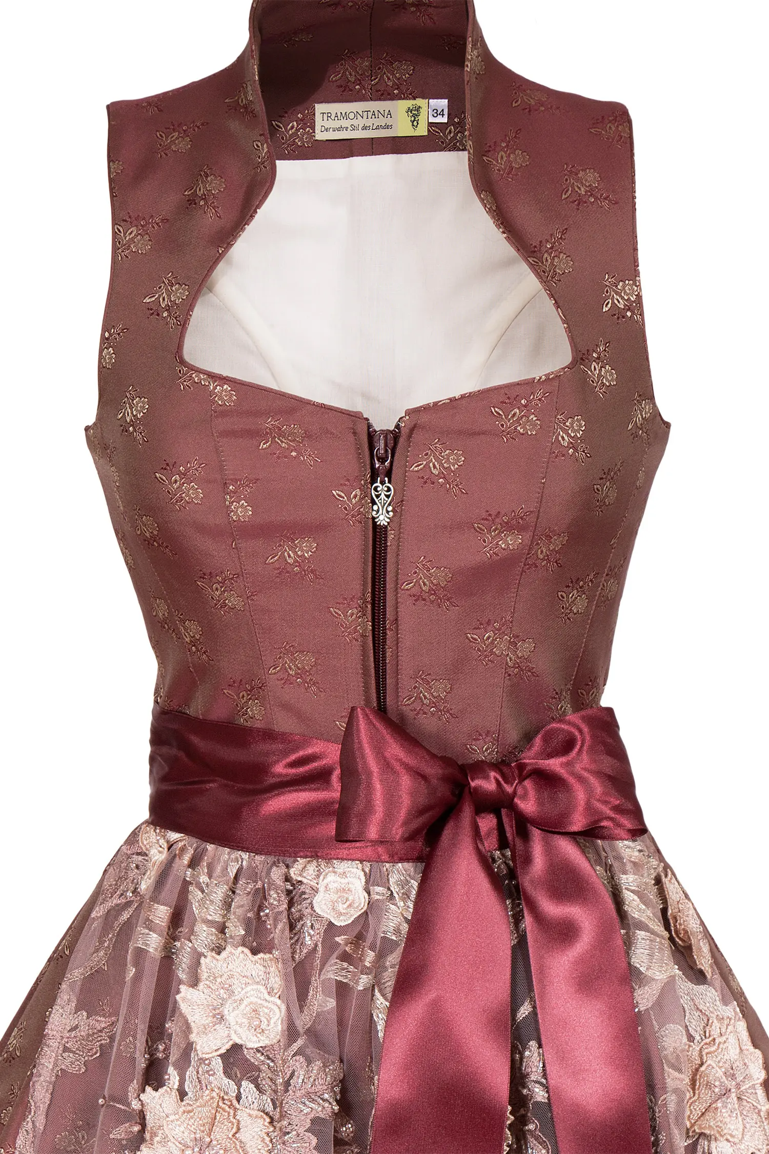 Tramontana Dirndl in bordeaux mit Spitzenschürze Mieder