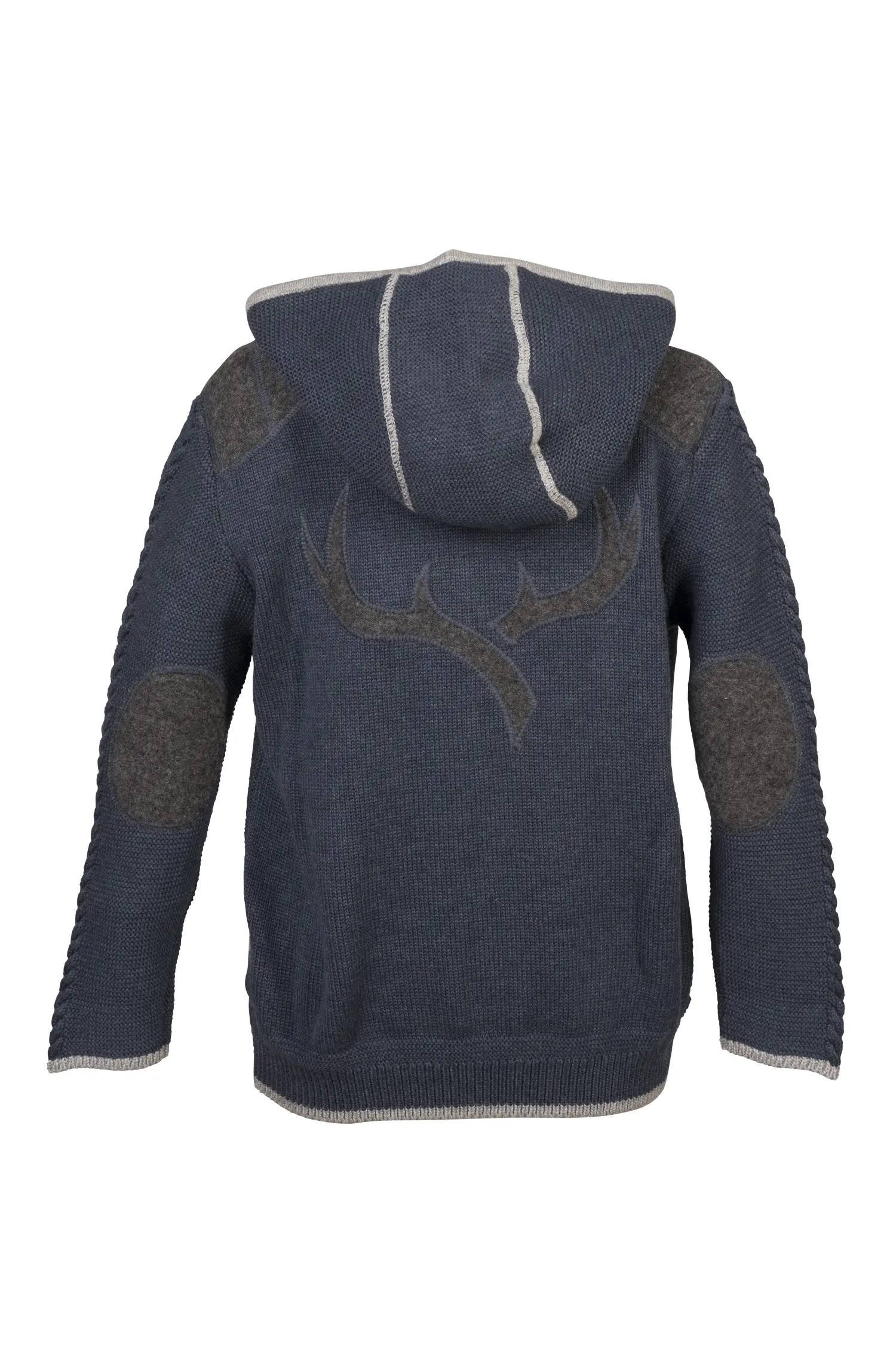 4730-1269-bl7-24-02-2004319 Kinder Trachtenstrickjacke blau / grau mit Kapuze Rückansicht