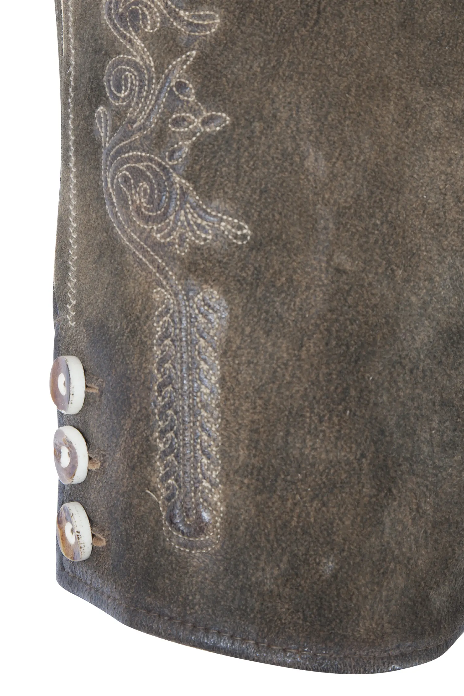 Lederhose Loisach in dunkelbraun mit Gürtel - Detail Bein