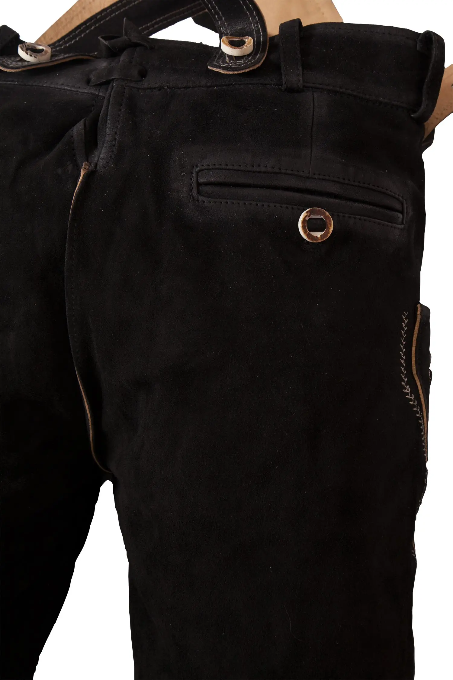 lederhose-kniebund-schwarz-1620-0566-sw5-20-02d-6098-c Kniebund Lederhose Justin in schwarz mit Träger hinten