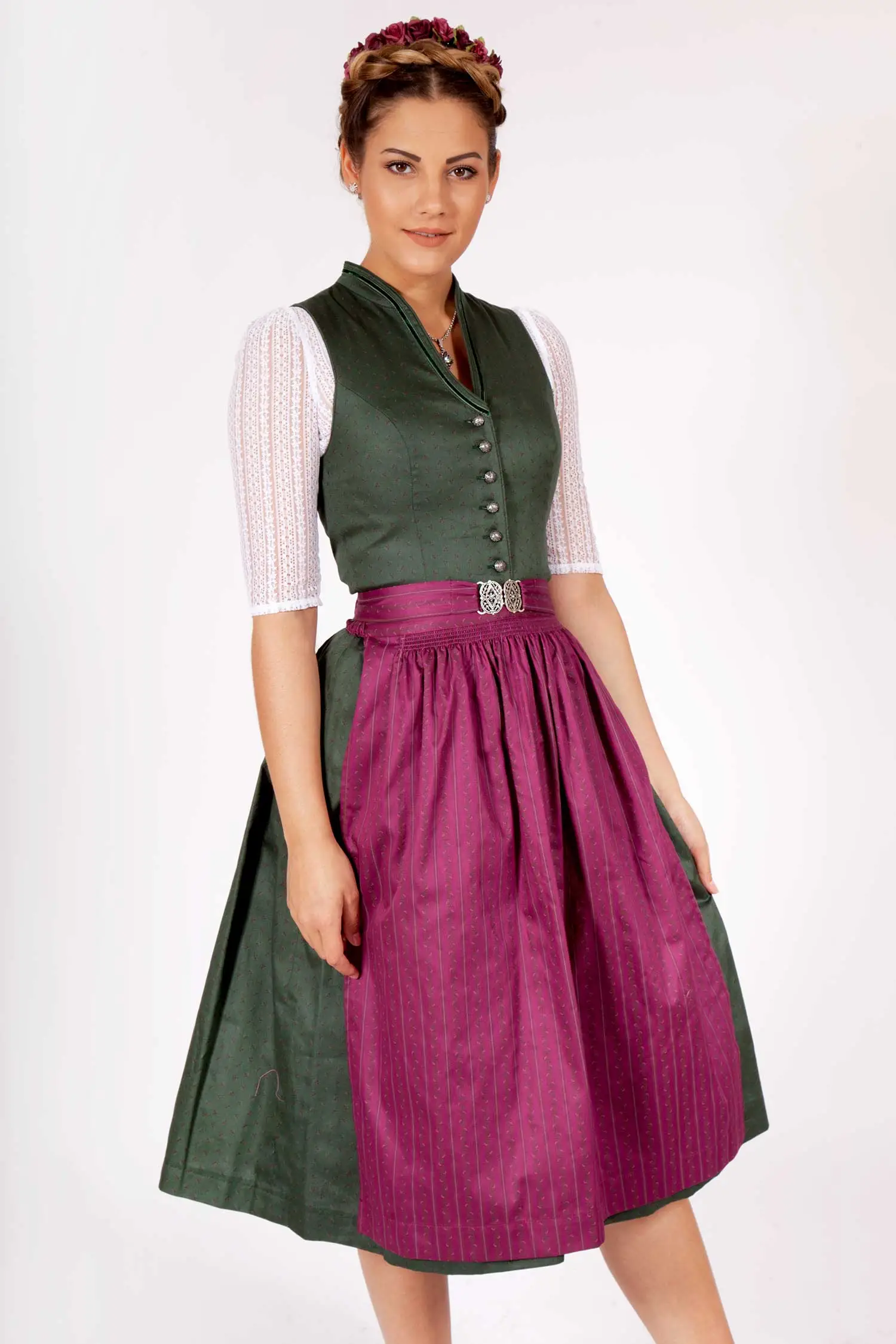 Midi Dirndl hochgeschlossen in dunkelgrün Model