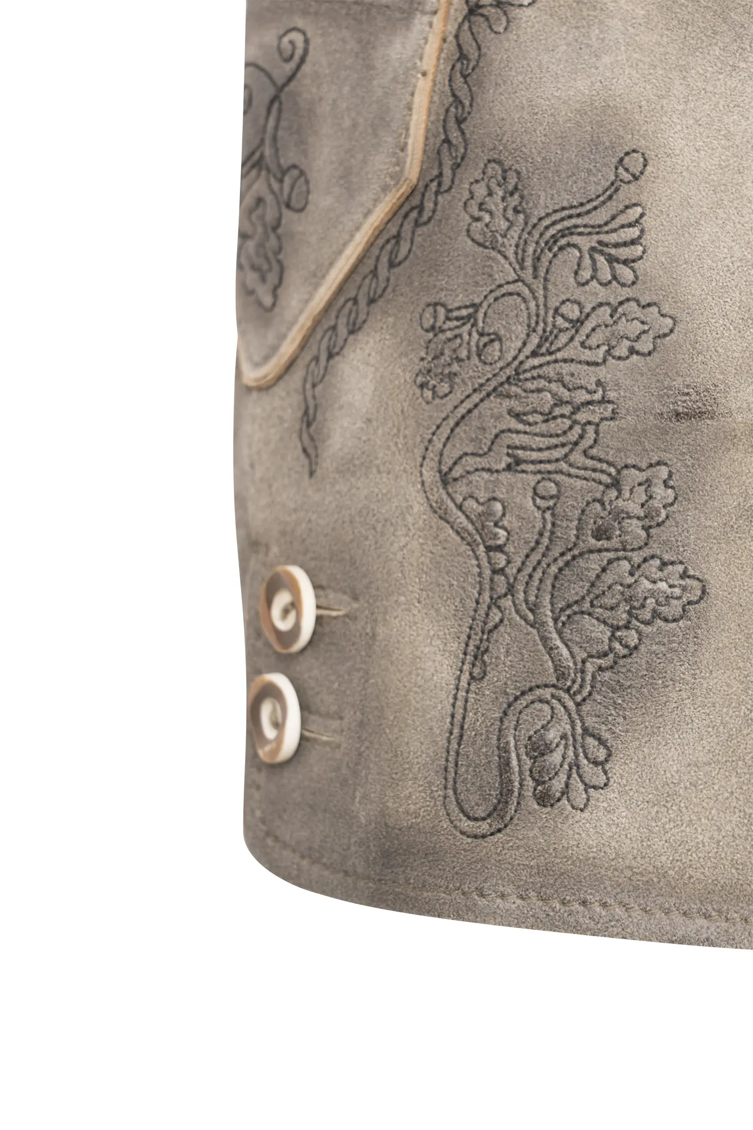 Lederhose Bogensee in Steingrau Detail Stickerei