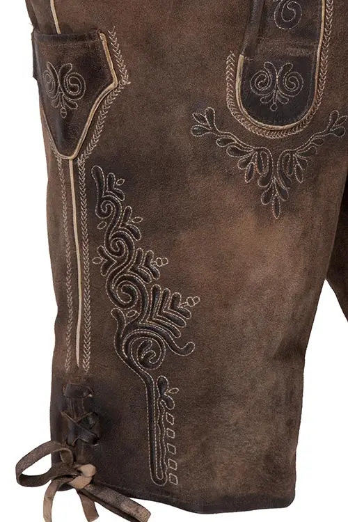 Lederhose kurz Herbert in mittelbraun mit Gürtel Bein