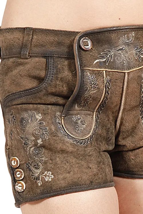 Kurze Lederhose Rosy für Damen in stein geäscht und bestickt Detail