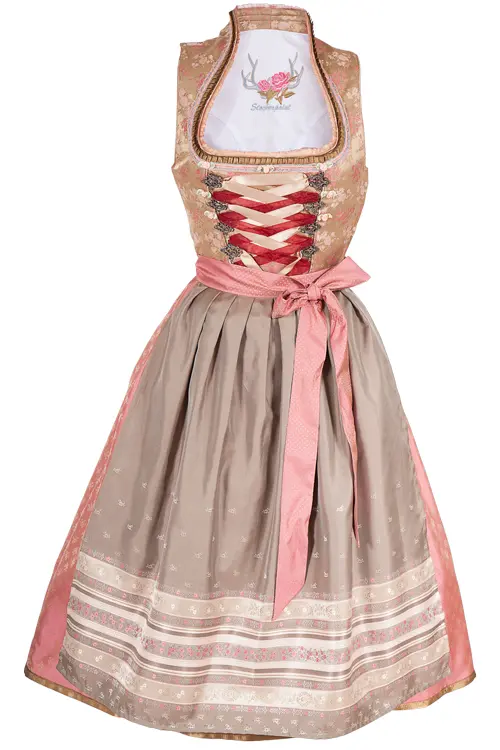 Midi Dirndl Kathleen mit Stehkragen in edlem gold, rosa und taupe 