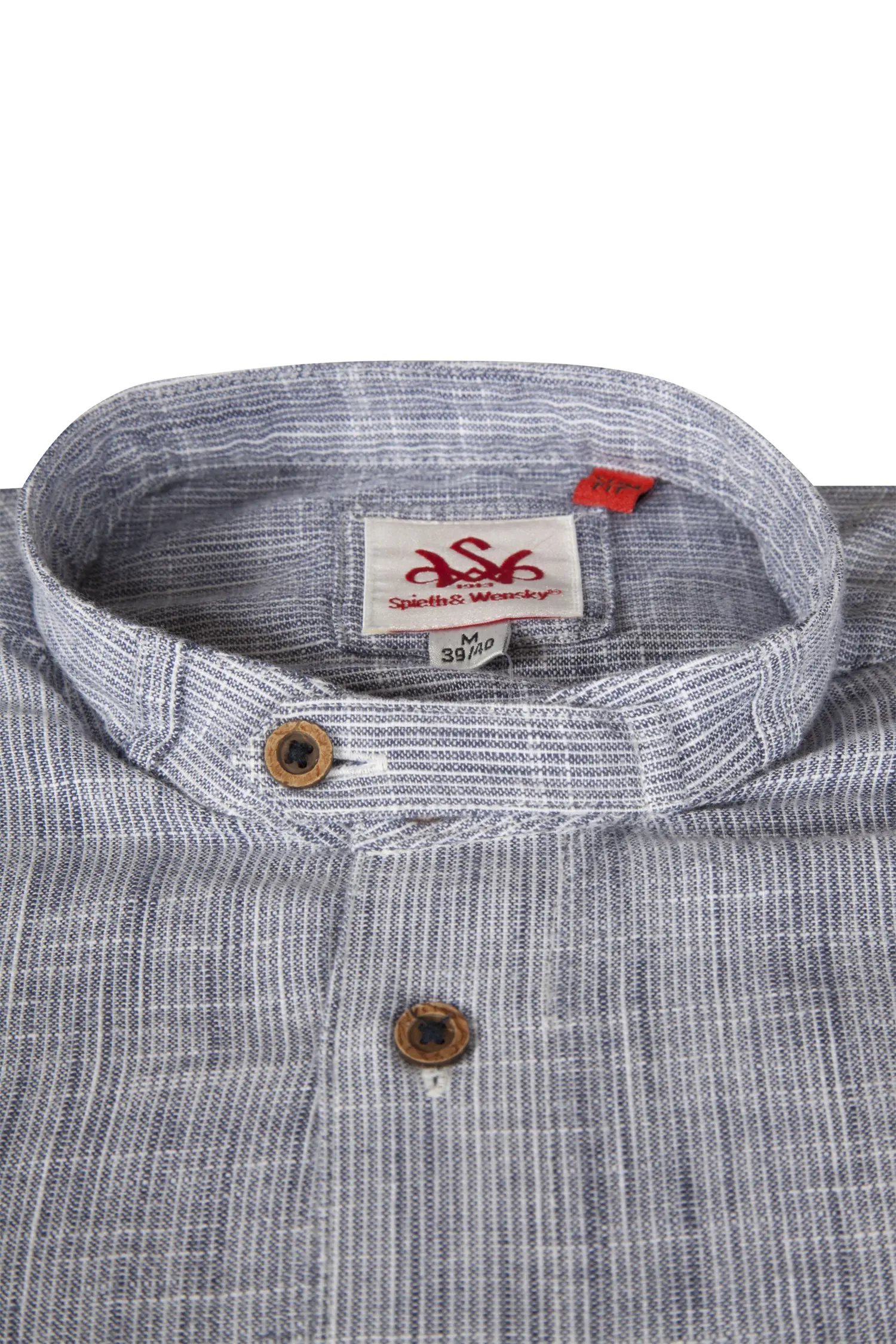 Trachtenhemd aus Leinen mit Stehkragen in blau - Detail Kragen