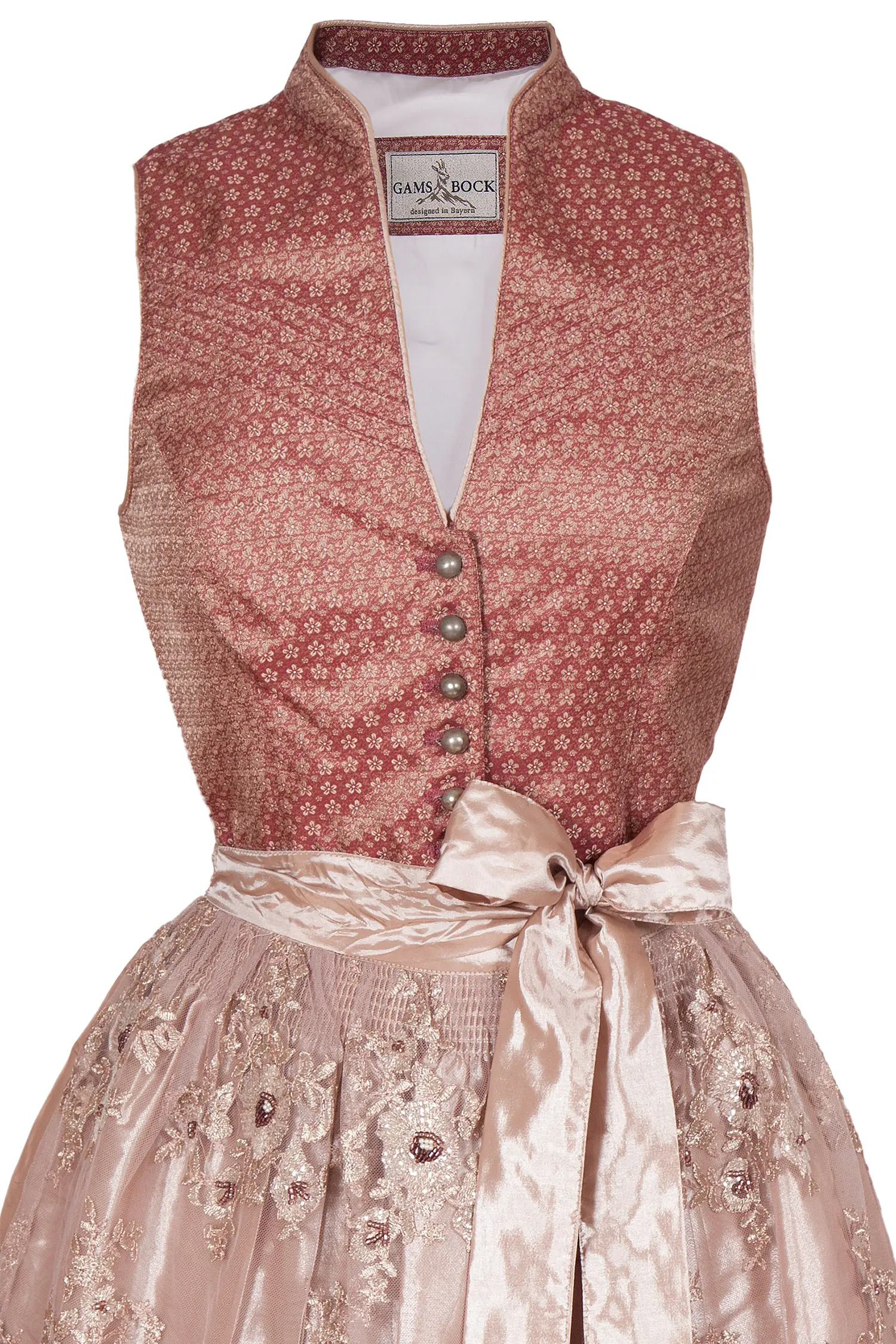 Midi Dirndl in rosenholz mit Spitzenschürze Mieder